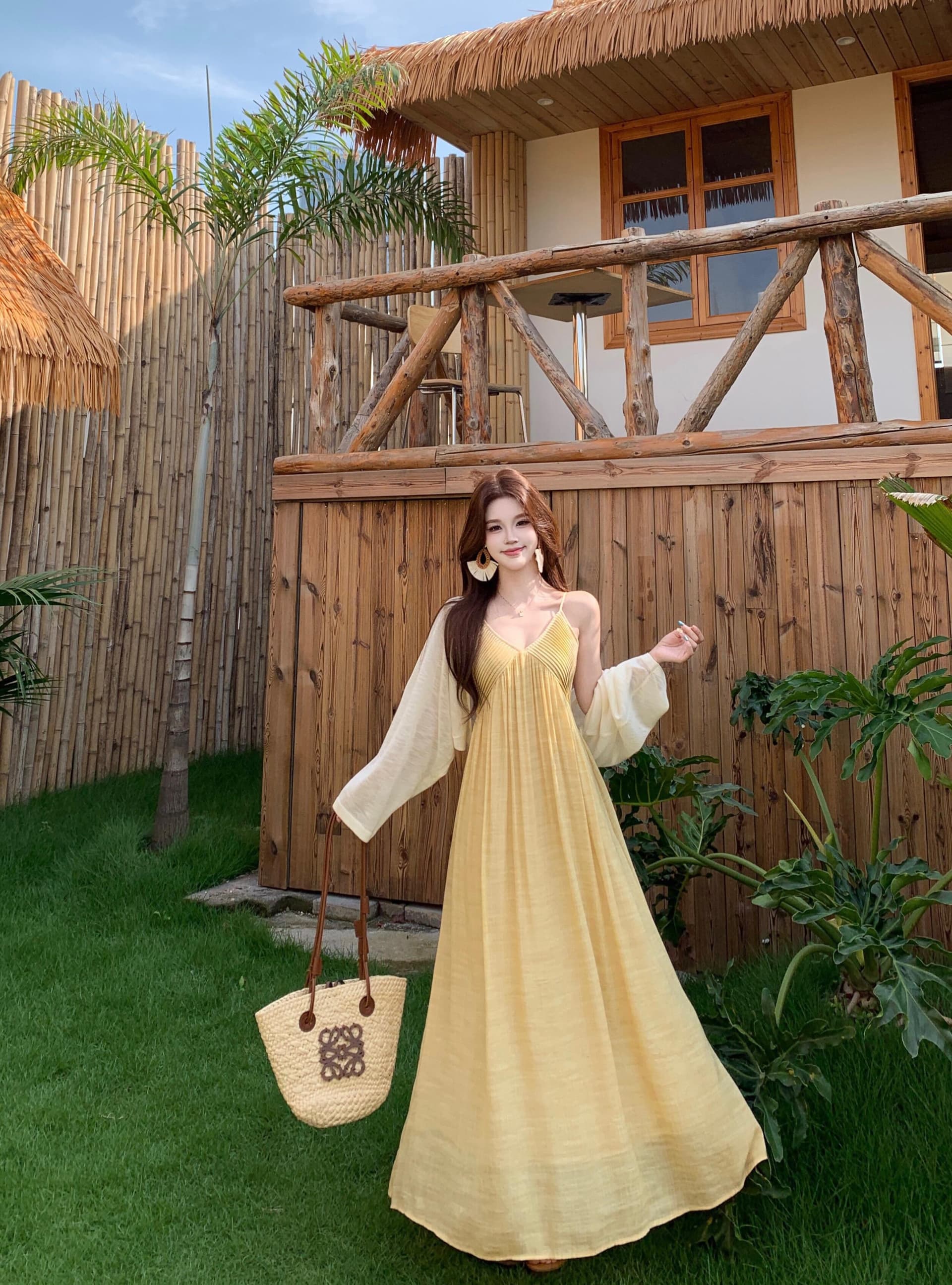 실사 빅 사이즈 레트로 황색 여성 드레스 품격 해변가 휴가 바람 슬립 롱 스커트 오픈 가디건 상세 이미지 13