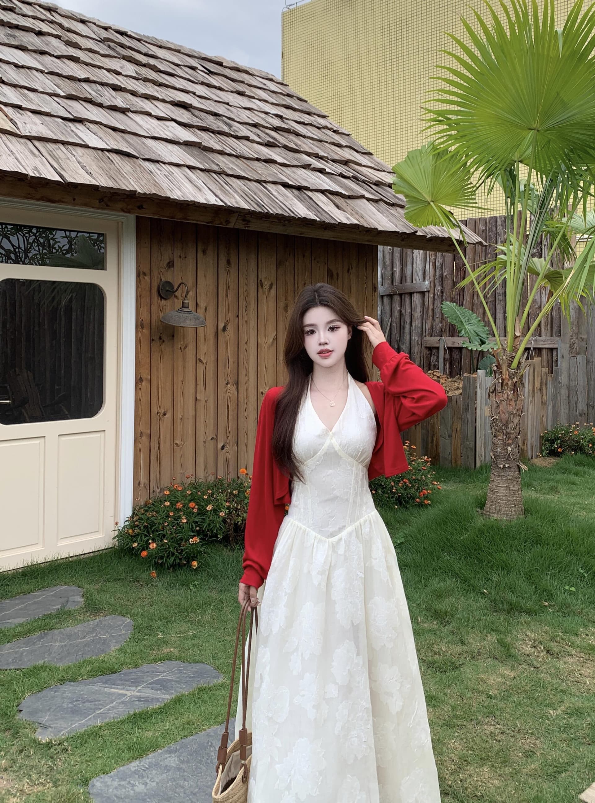 실사 빅 사이즈 프랑스식 V넥 행침 목 여성 드레스 해변가 휴가 품격 슬립 롱 스커트 상세 이미지 1