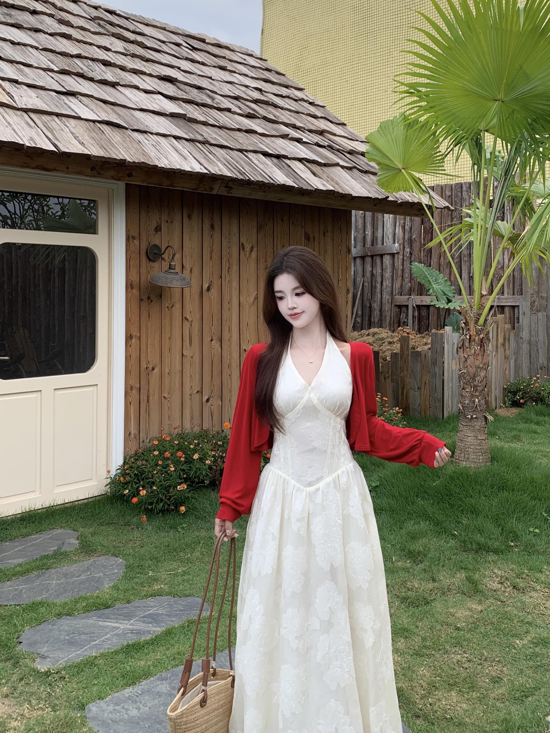 실사 빅 사이즈 프랑스식 V넥 행침 목 여성 드레스 해변가 휴가 품격 슬립 롱 스커트 상세 이미지 6