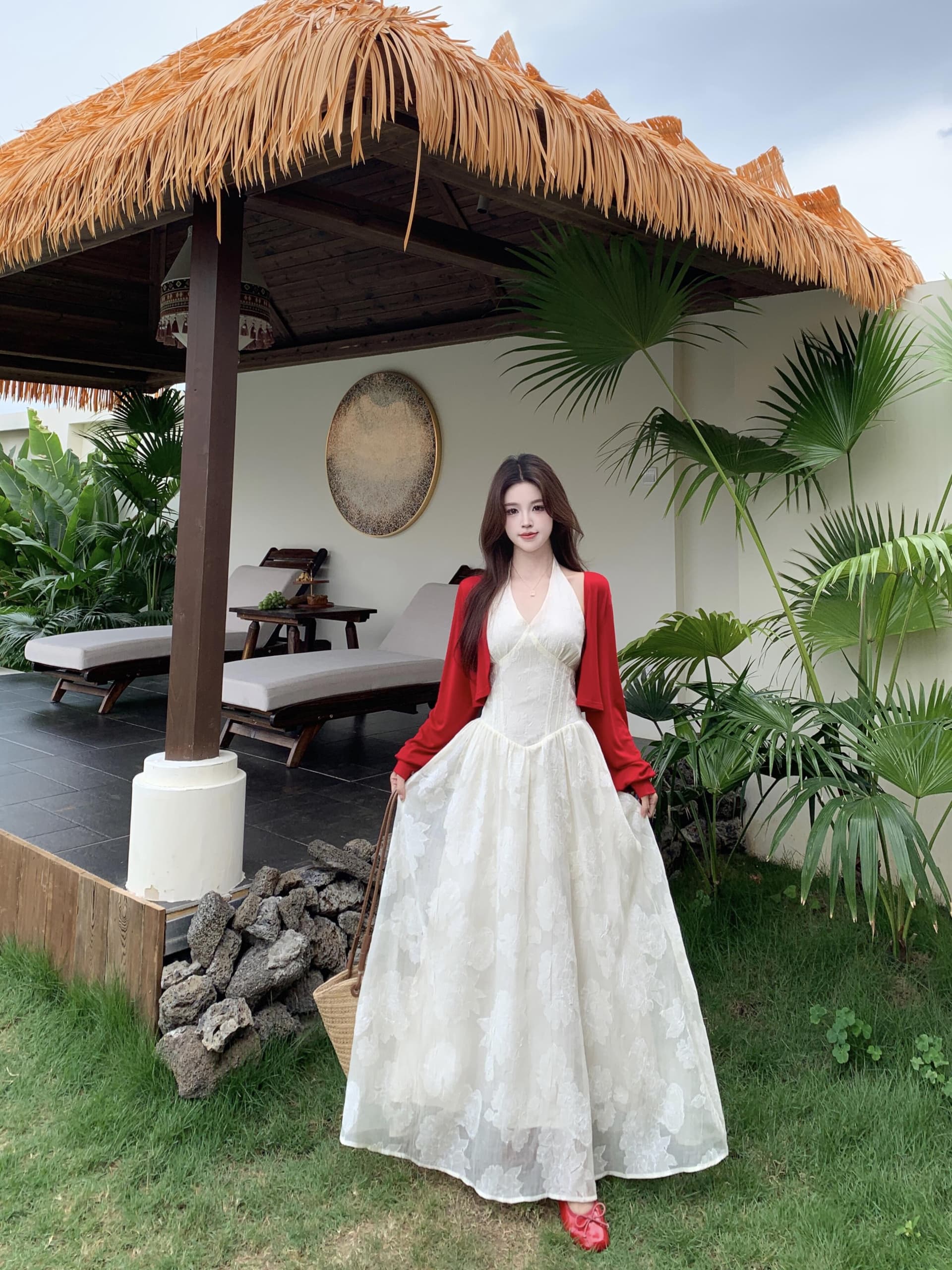 실사 빅 사이즈 프랑스식 V넥 행침 목 여성 드레스 해변가 휴가 품격 슬립 롱 스커트 상세 이미지 10
