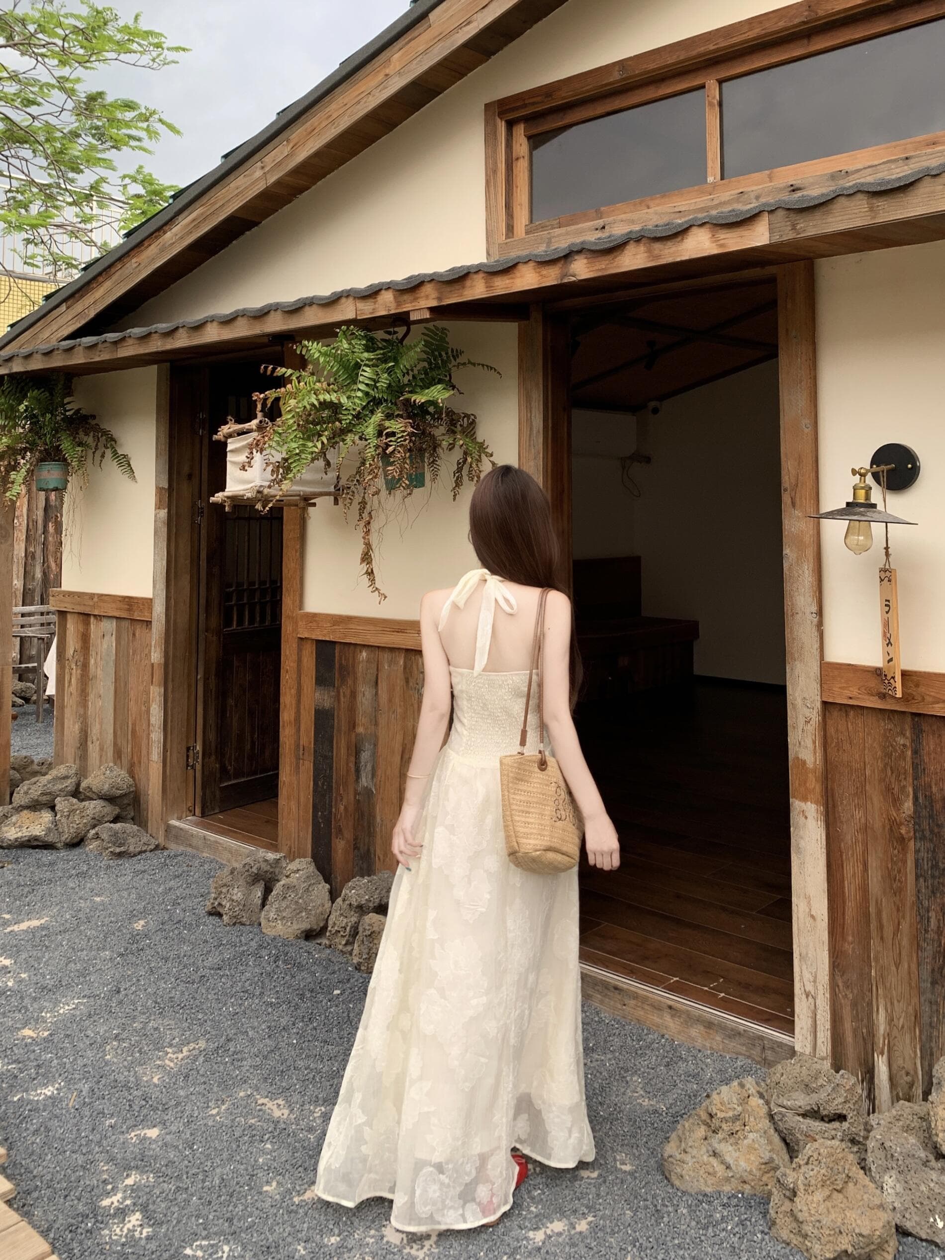 실사 빅 사이즈 프랑스식 V넥 행침 목 여성 드레스 해변가 휴가 품격 슬립 롱 스커트 상세 이미지 12