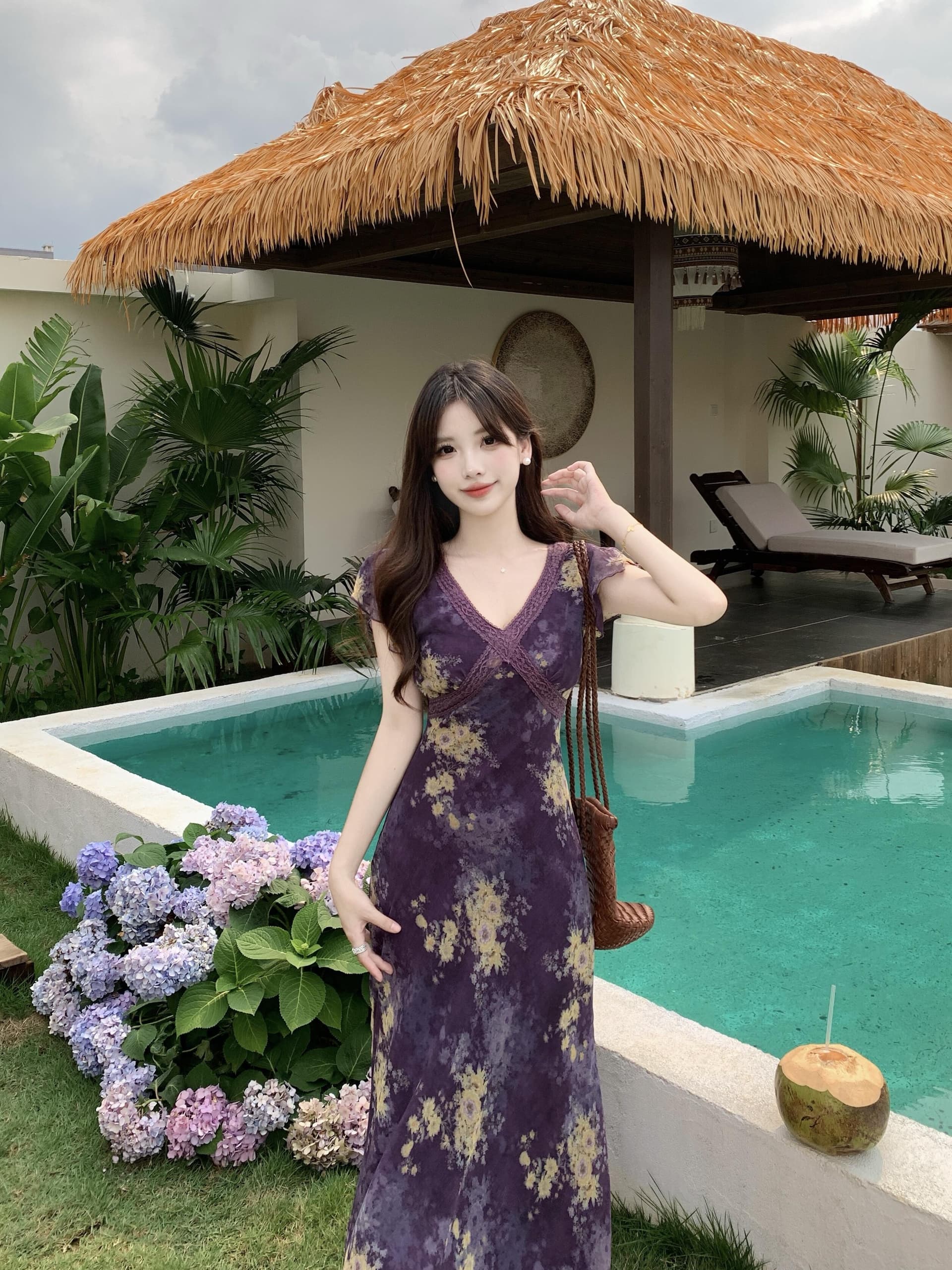 실사 빅 사이즈 프랑스식 레트로 보라색 꽃무늬 여성 드레스 2026 새로운 여름 허리 수축 휴가 품격 롱 스커트 이미지 2