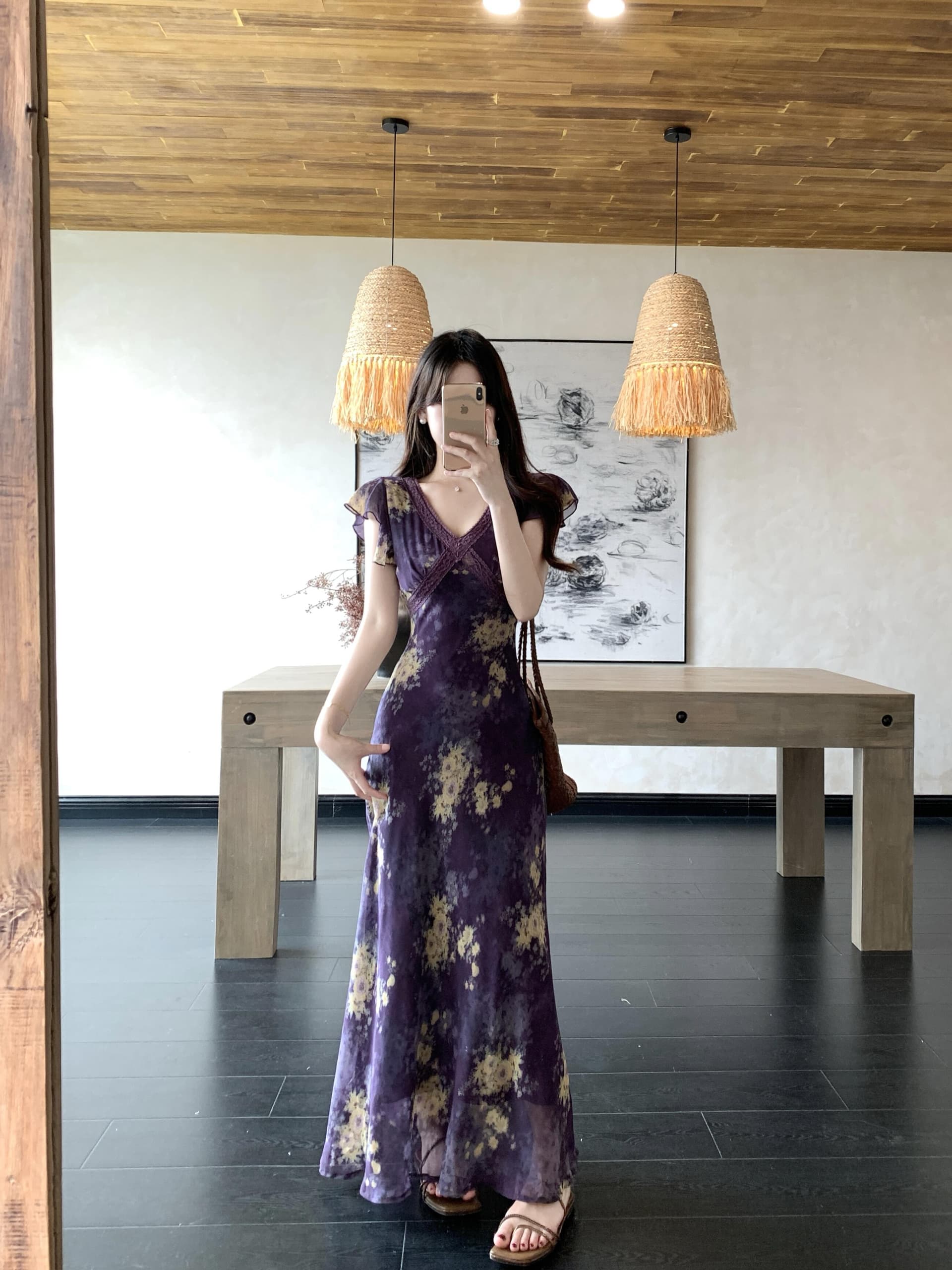 실사 빅 사이즈 프랑스식 레트로 보라색 꽃무늬 여성 드레스 2026 새로운 여름 허리 수축 휴가 품격 롱 스커트 상세 이미지 1