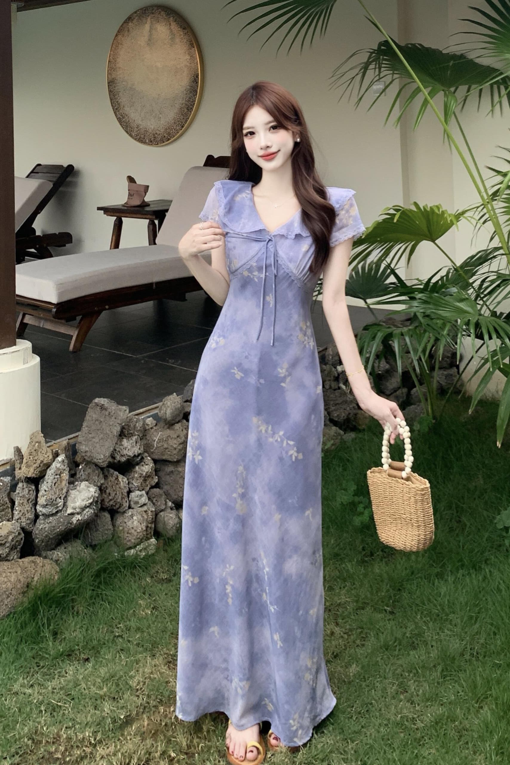 실사 빅 사이즈 프릴 V넥 레이스업 꽃무늬 치마 한 부서 품격 부드러운 달콤함 우아함 몸매 가꾸기 여성 드레스 이미지 6