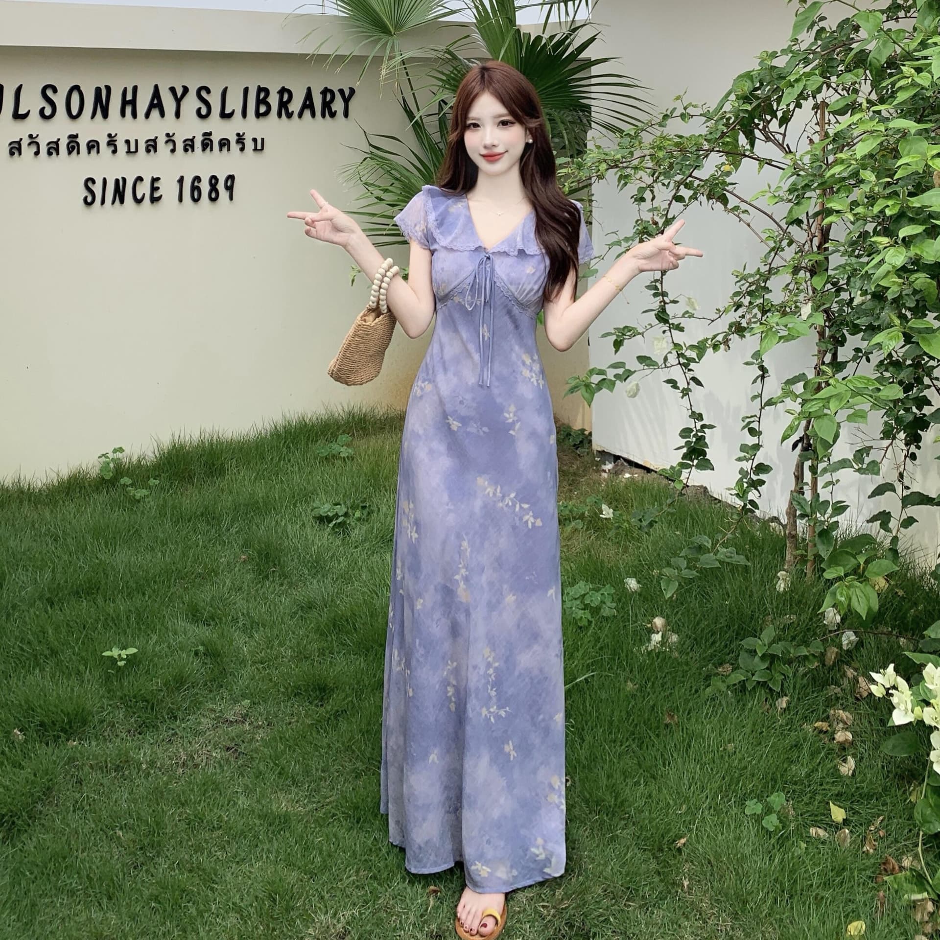 실사 빅 사이즈 프릴 V넥 레이스업 꽃무늬 치마 한 부서 품격 부드러운 달콤함 우아함 몸매 가꾸기 여성 드레스 이미지 5
