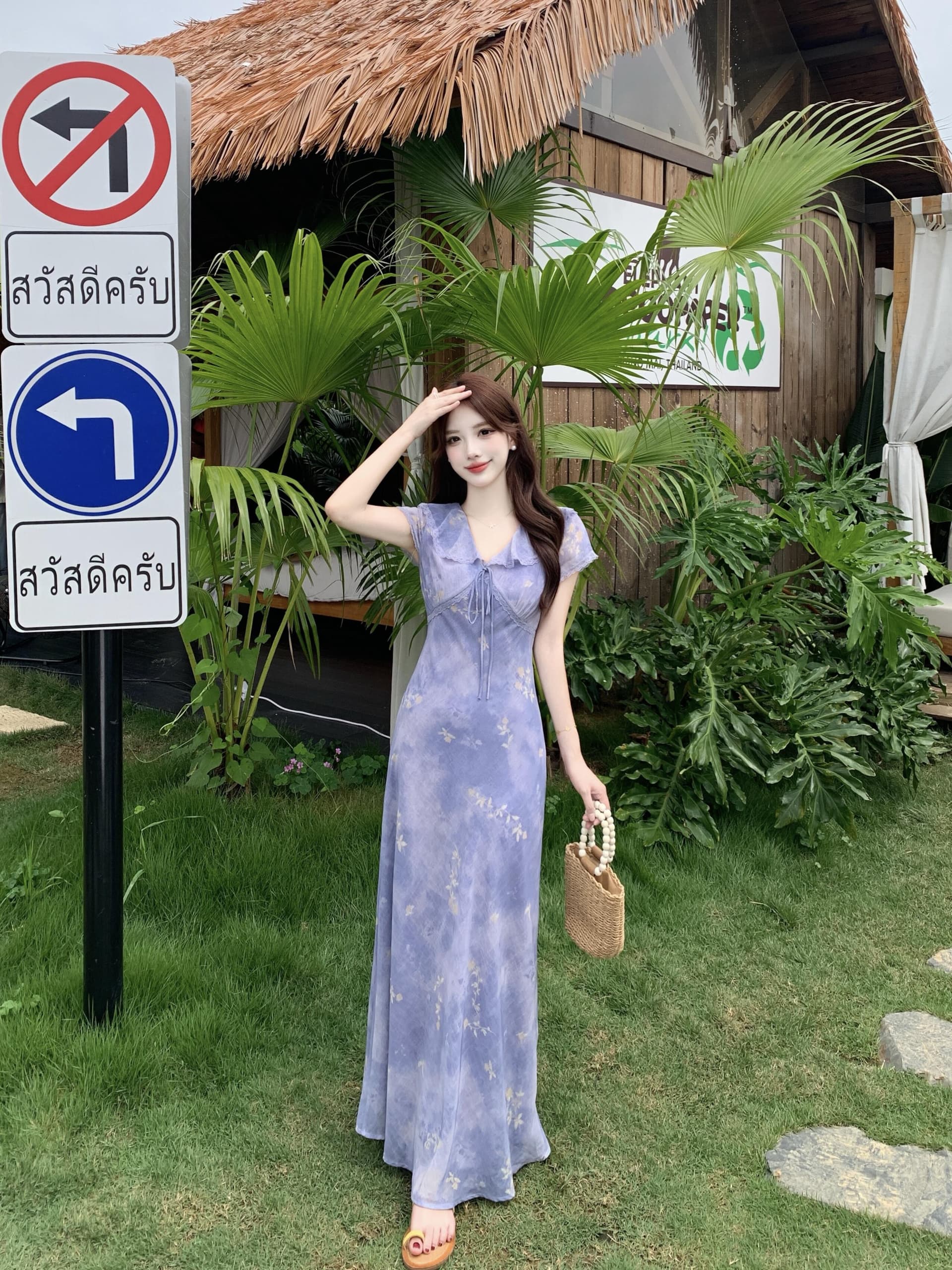 실사 빅 사이즈 프릴 V넥 레이스업 꽃무늬 치마 한 부서 품격 부드러운 달콤함 우아함 몸매 가꾸기 여성 드레스 상세 이미지 2