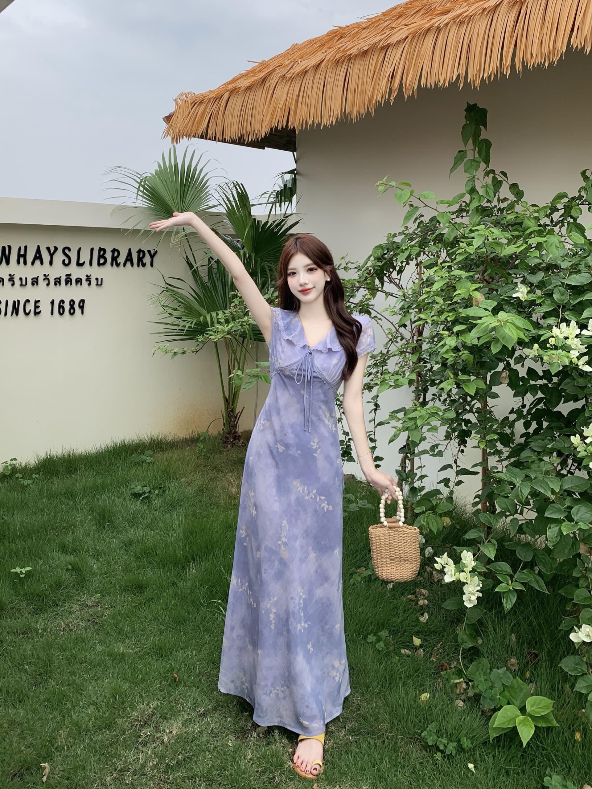 실사 빅 사이즈 프릴 V넥 레이스업 꽃무늬 치마 한 부서 품격 부드러운 달콤함 우아함 몸매 가꾸기 여성 드레스 상세 이미지 3