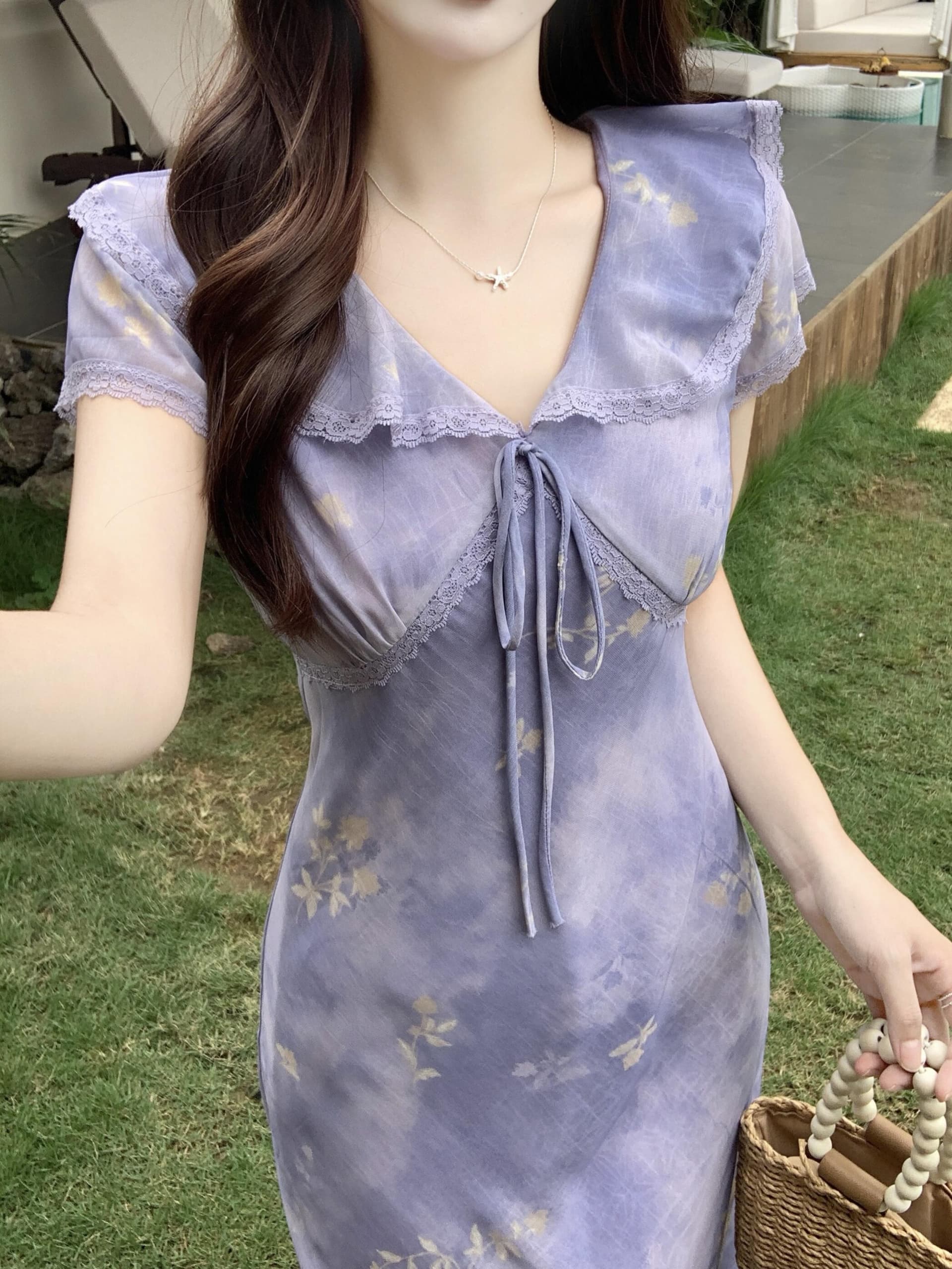실사 빅 사이즈 프릴 V넥 레이스업 꽃무늬 치마 한 부서 품격 부드러운 달콤함 우아함 몸매 가꾸기 여성 드레스 상세 이미지 4