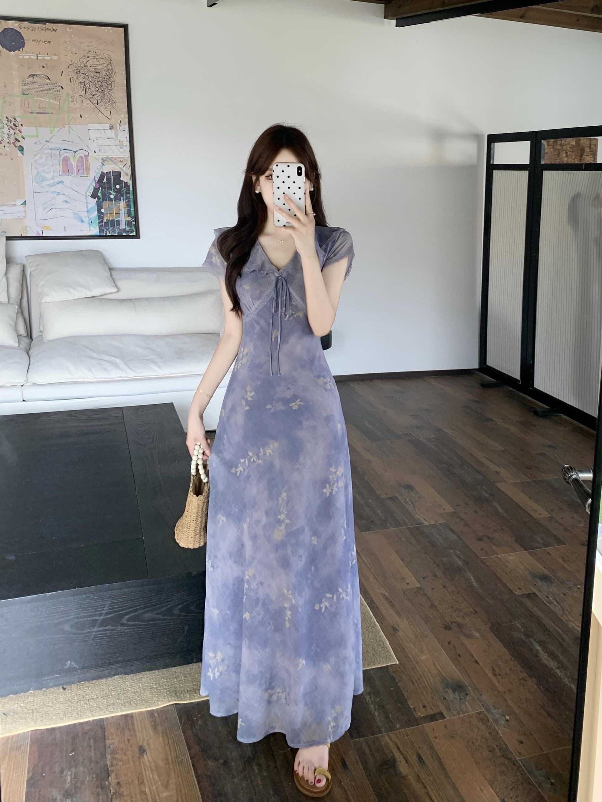 실사 빅 사이즈 프릴 V넥 레이스업 꽃무늬 치마 한 부서 품격 부드러운 달콤함 우아함 몸매 가꾸기 여성 드레스 상세 이미지 5