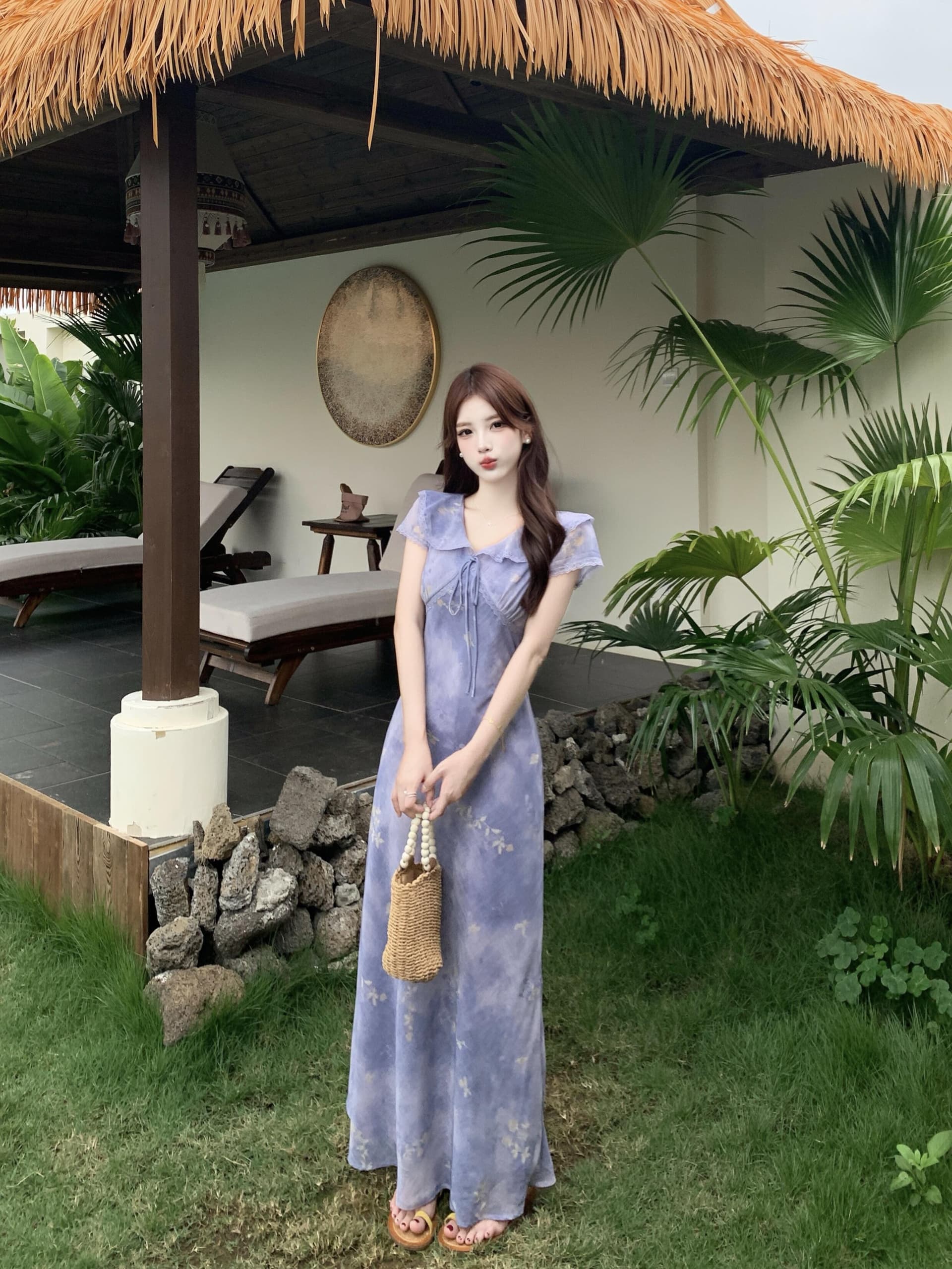 실사 빅 사이즈 프릴 V넥 레이스업 꽃무늬 치마 한 부서 품격 부드러운 달콤함 우아함 몸매 가꾸기 여성 드레스 상세 이미지 7