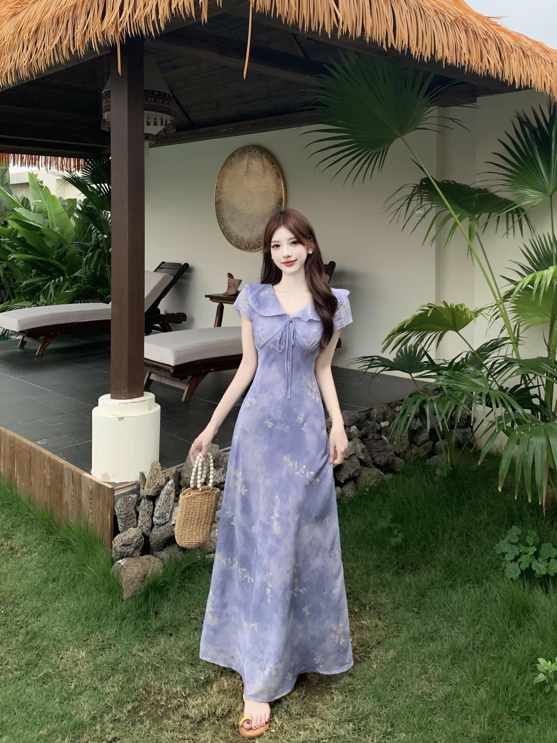 실사 빅 사이즈 프릴 V넥 레이스업 꽃무늬 치마 한 부서 품격 부드러운 달콤함 우아함 몸매 가꾸기 여성 드레스 상세 이미지 8