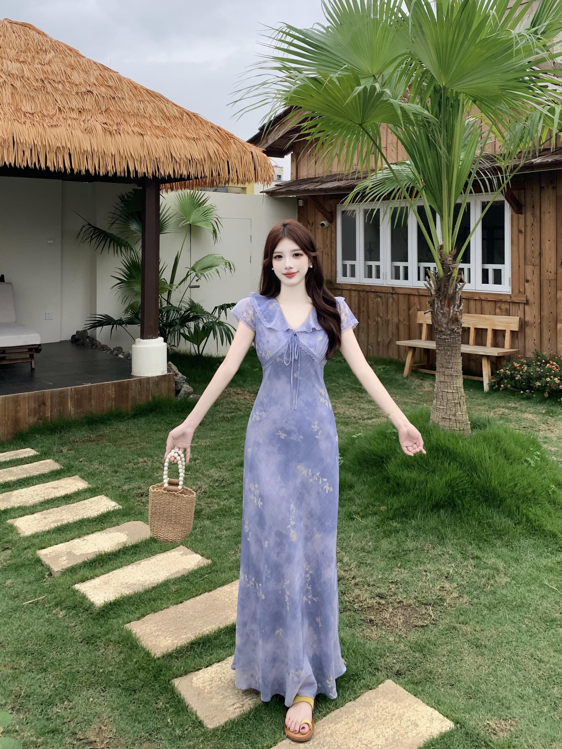 실사 빅 사이즈 프릴 V넥 레이스업 꽃무늬 치마 한 부서 품격 부드러운 달콤함 우아함 몸매 가꾸기 여성 드레스 상세 이미지 11