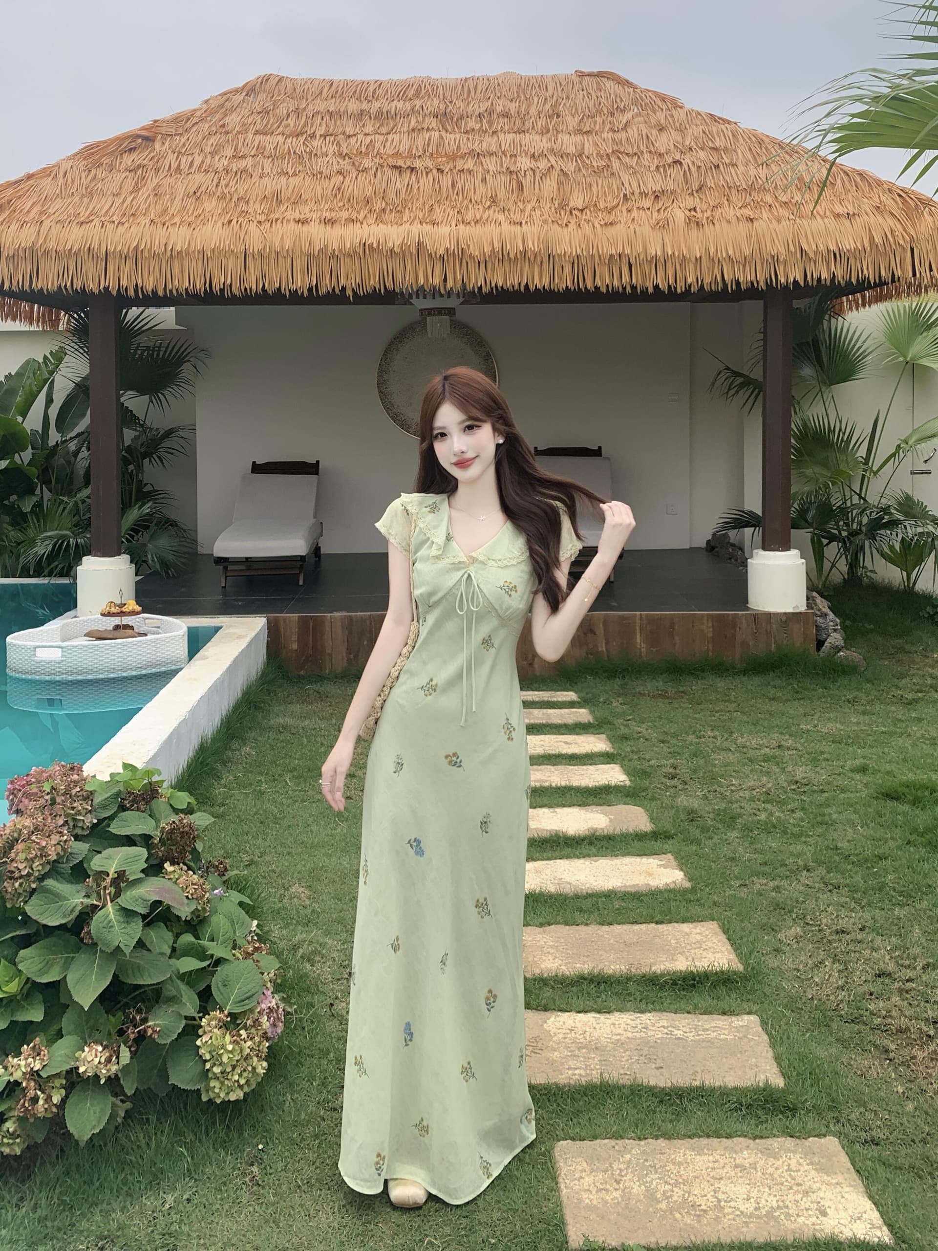 실사 빅 사이즈 프릴 V넥 레이스업 꽃무늬 치마 한 부서 품격 부드러운 달콤함 우아함 몸매 가꾸기 여성 드레스 상세 이미지 20