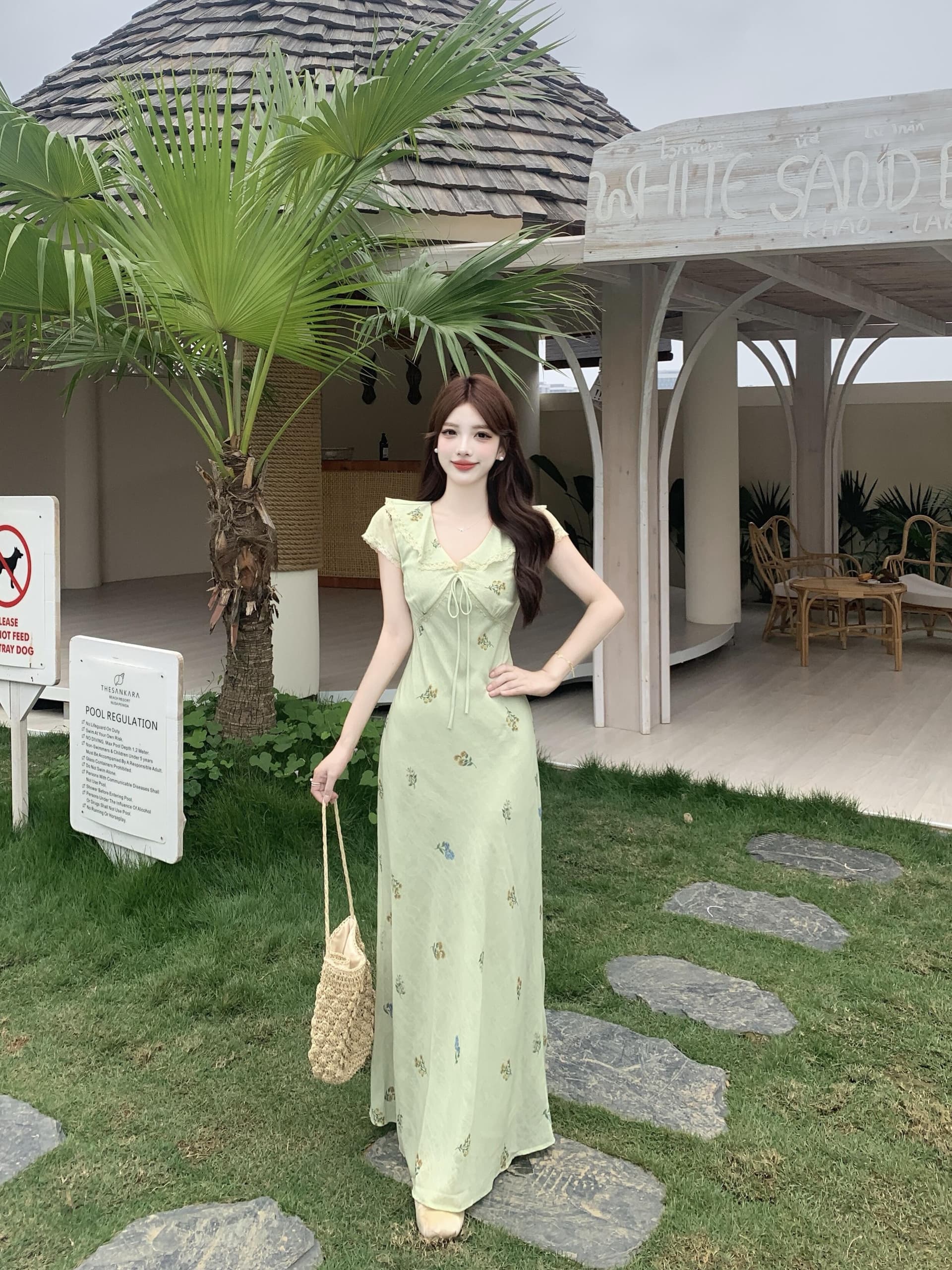 실사 빅 사이즈 프릴 V넥 레이스업 꽃무늬 치마 한 부서 품격 부드러운 달콤함 우아함 몸매 가꾸기 여성 드레스 상세 이미지 21