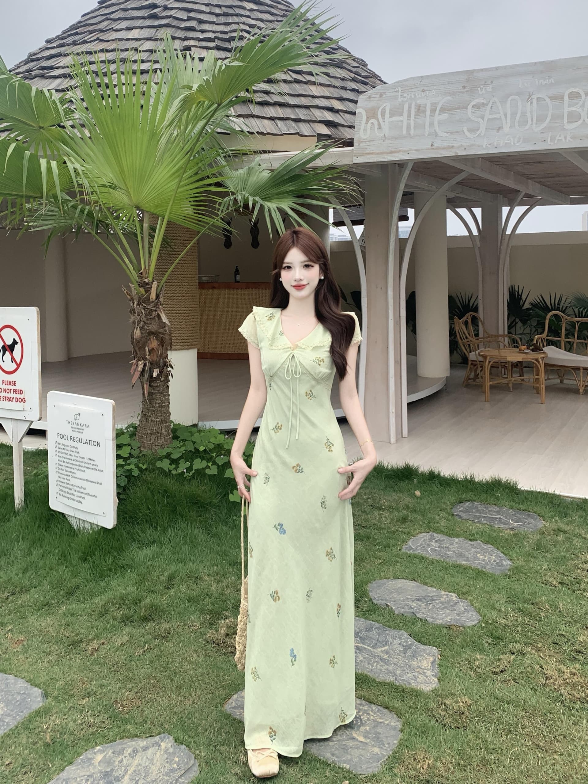 실사 빅 사이즈 프릴 V넥 레이스업 꽃무늬 치마 한 부서 품격 부드러운 달콤함 우아함 몸매 가꾸기 여성 드레스 상세 이미지 23