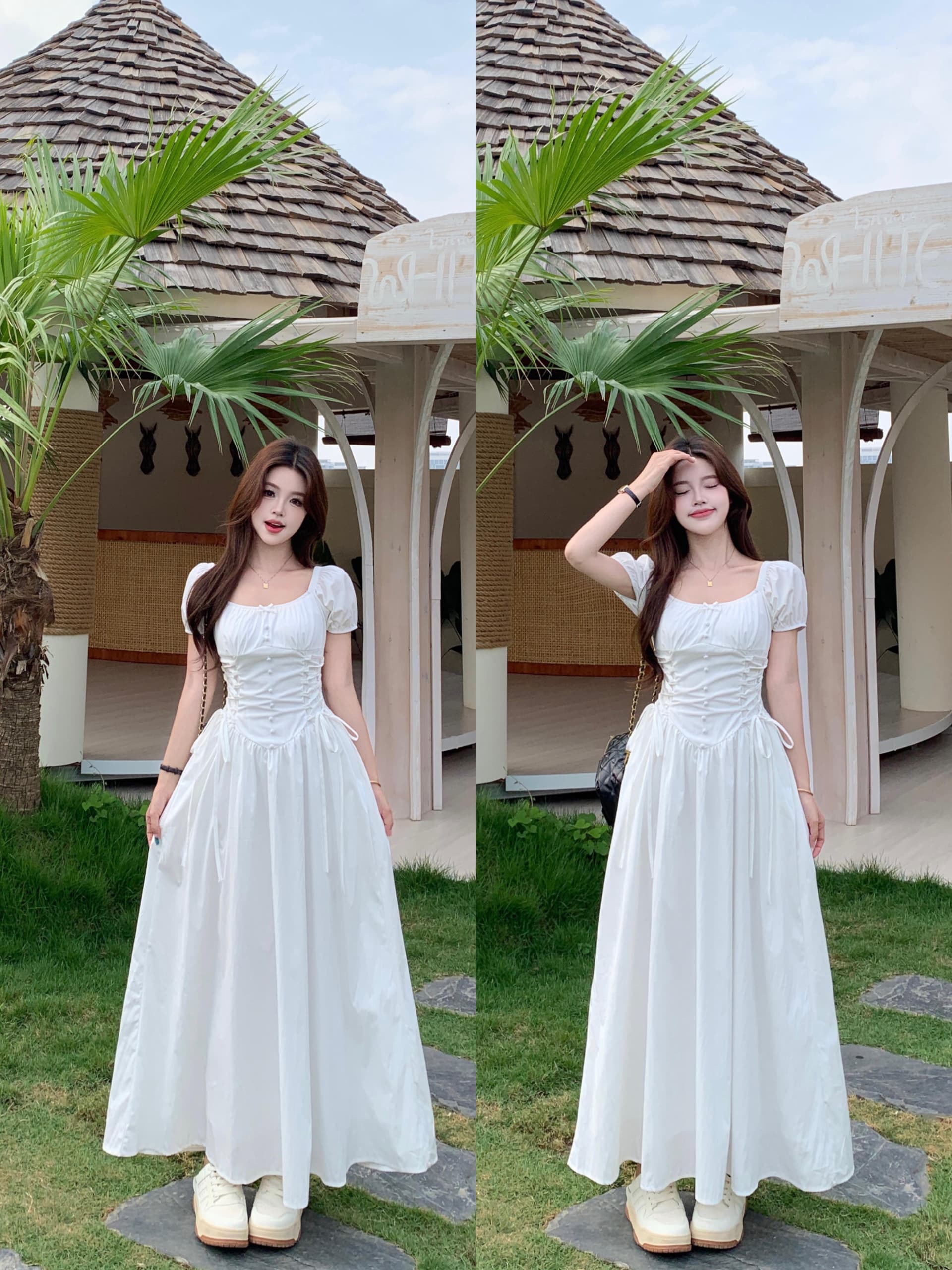 실사 빅 사이즈 프랑스식 광장 칼라 디자인 센스 스트랩 허리 수축 슬립 드레스 여름 롱 코트 한 마디 드레스