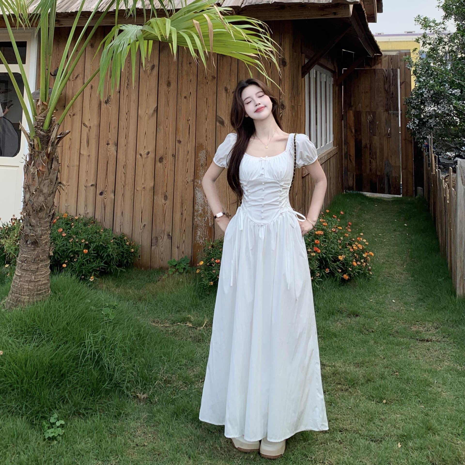실사 빅 사이즈 프랑스식 광장 칼라 디자인 센스 스트랩 허리 수축 슬립 드레스 여름 롱 코트 한 마디 드레스 이미지 5