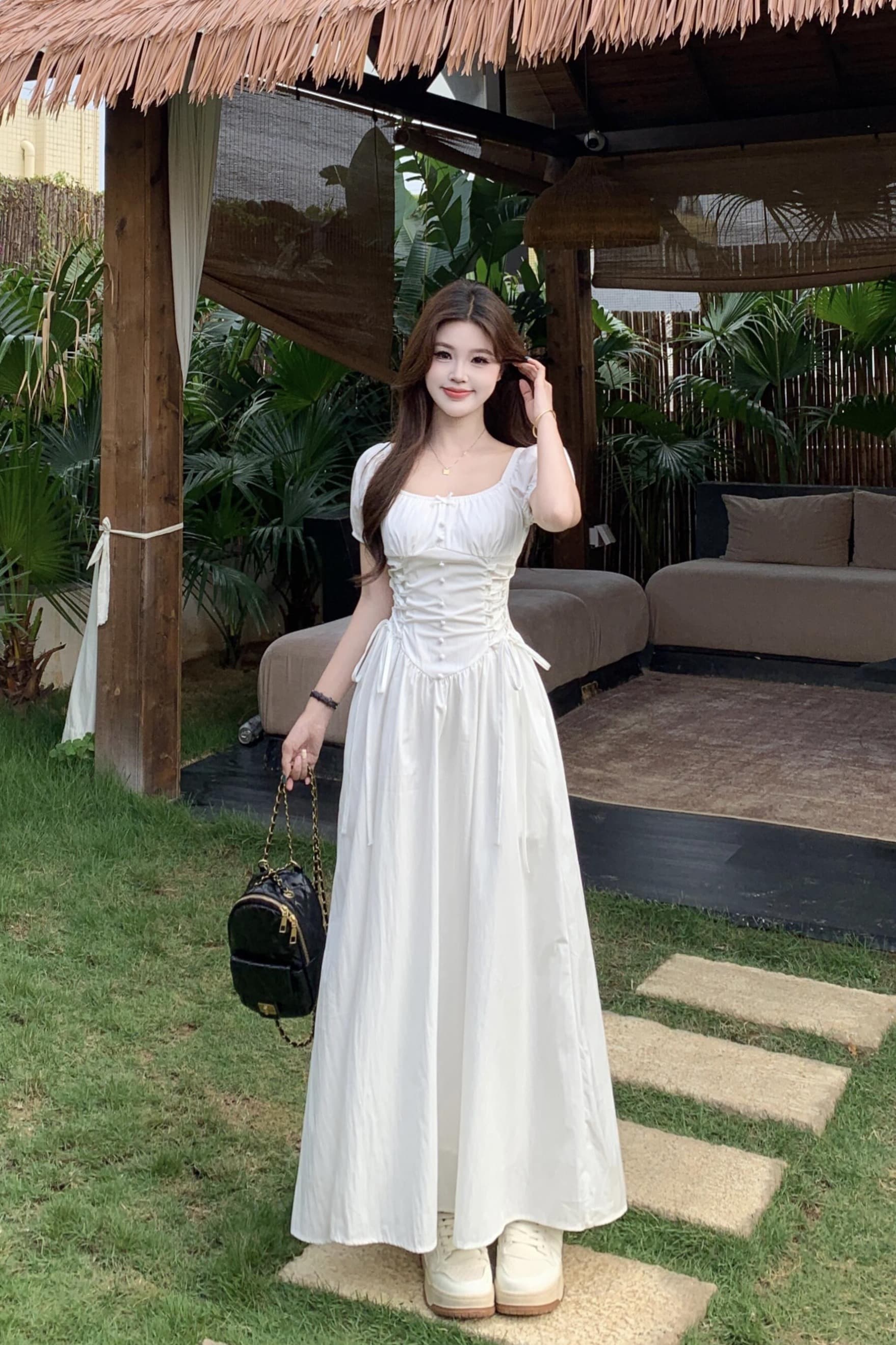 실사 빅 사이즈 프랑스식 광장 칼라 디자인 센스 스트랩 허리 수축 슬립 드레스 여름 롱 코트 한 마디 드레스 이미지 6