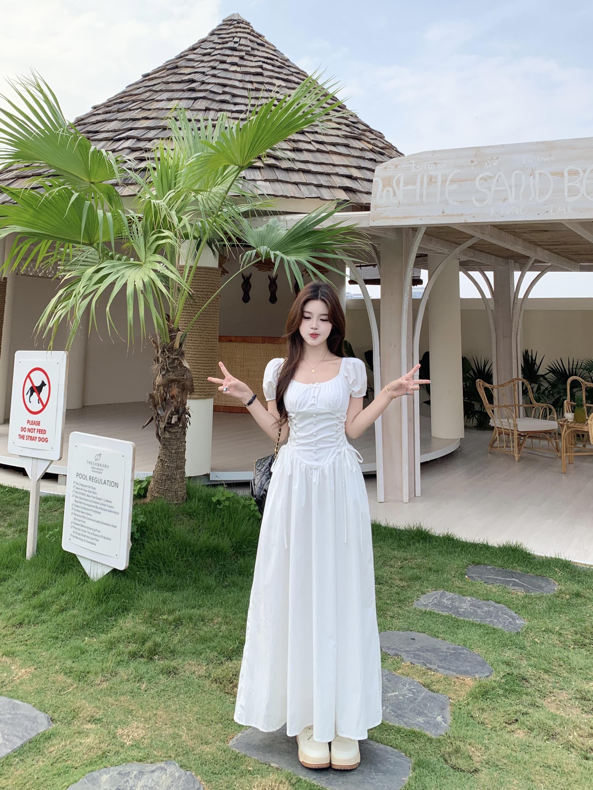 실사 빅 사이즈 프랑스식 광장 칼라 디자인 센스 스트랩 허리 수축 슬립 드레스 여름 롱 코트 한 마디 드레스 상세 이미지 2