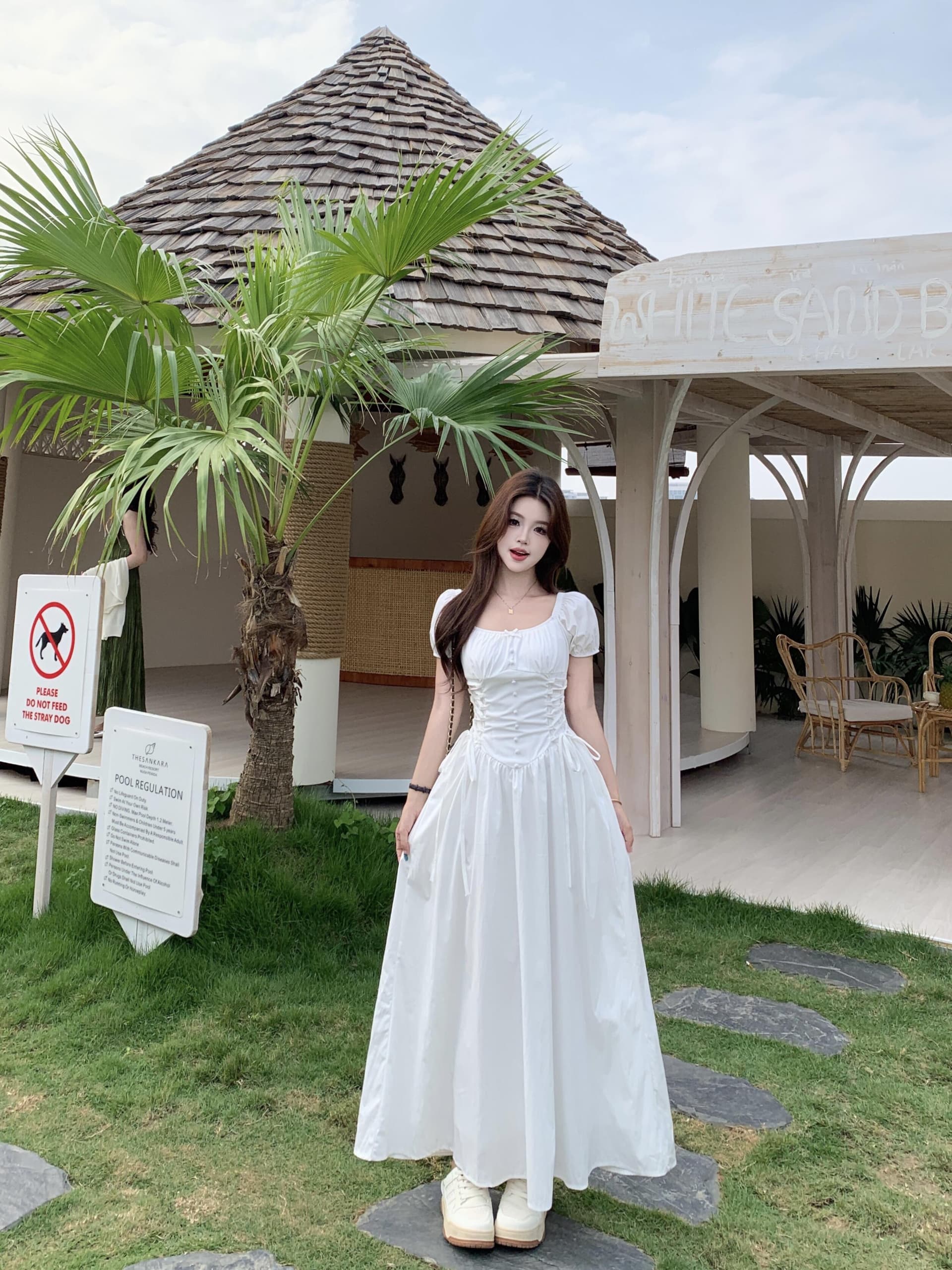 실사 빅 사이즈 프랑스식 광장 칼라 디자인 센스 스트랩 허리 수축 슬립 드레스 여름 롱 코트 한 마디 드레스 상세 이미지 3