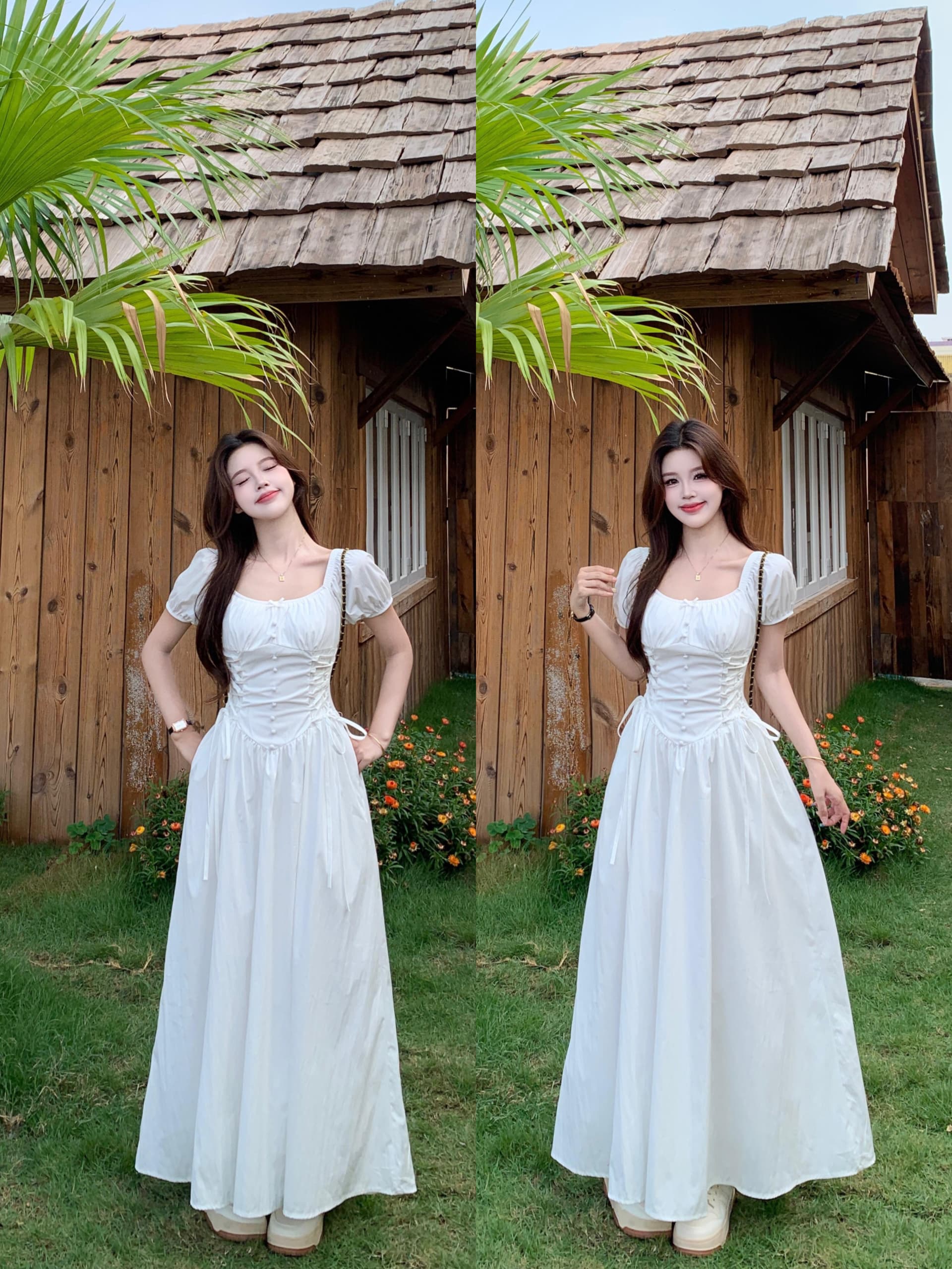 실사 빅 사이즈 프랑스식 광장 칼라 디자인 센스 스트랩 허리 수축 슬립 드레스 여름 롱 코트 한 마디 드레스 상세 이미지 15