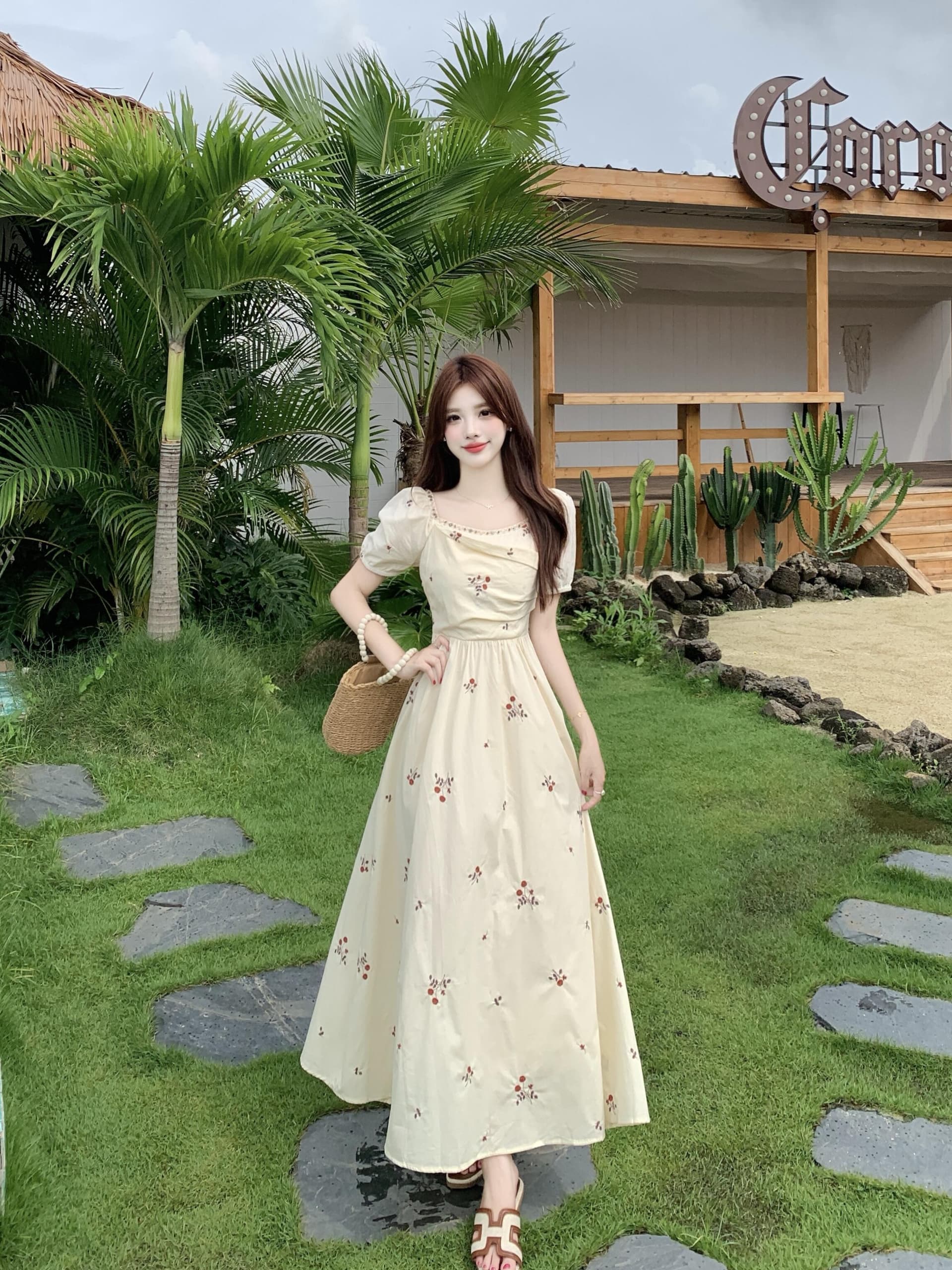 실사 빅 사이즈 프랑스식 부드러운 슈퍼 잘 생긴 광장 칼라 반팔 꽃무늬 여성 드레스 여름 새로운 하이웨이스트 슬림해 보이는 롱 스커트 상세 이미지 8