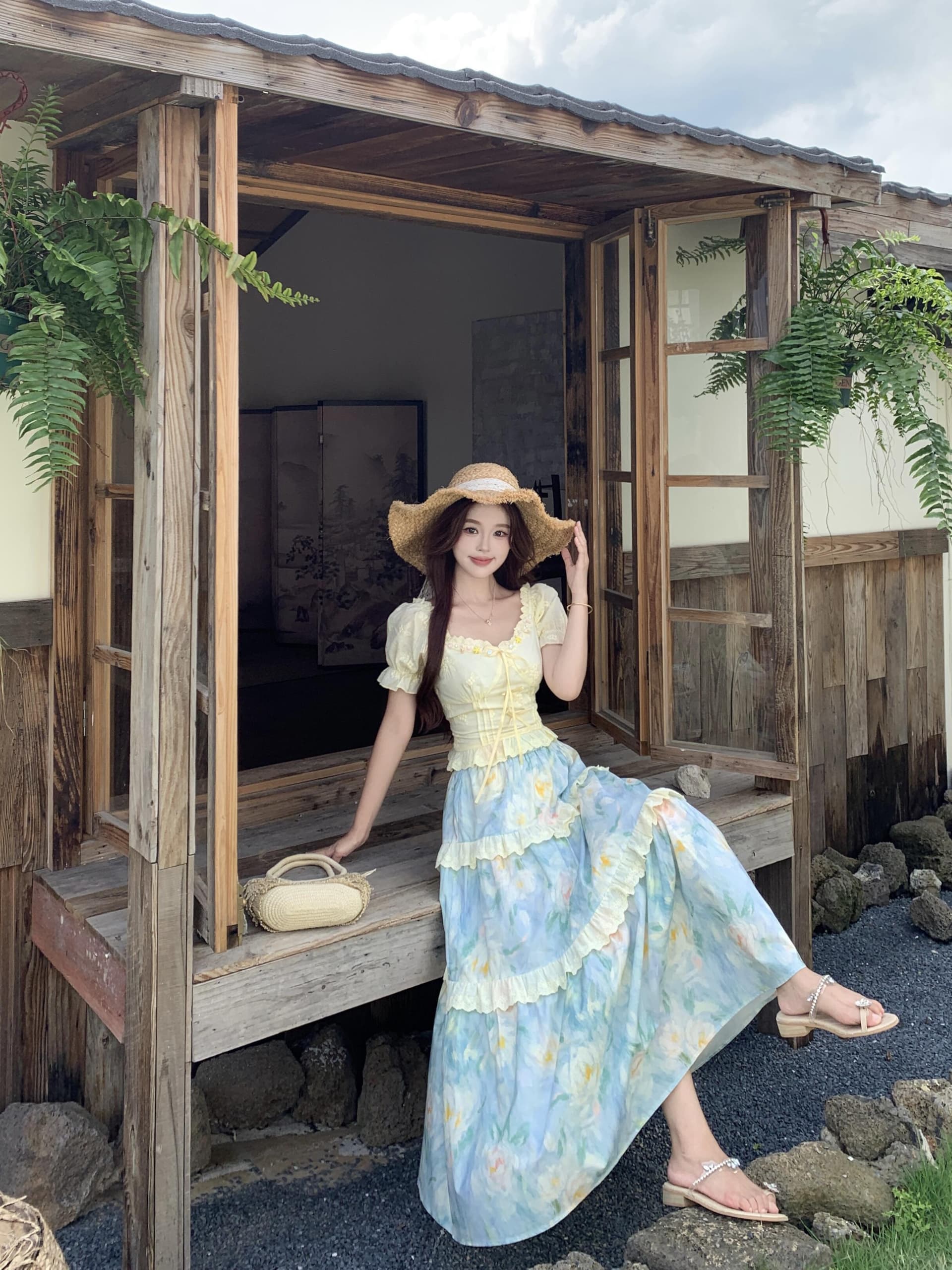 실사 빅 사이즈 얕은 여름 아침 바람 도파민 휴가 바람 자수 반팔 허리 수축 맨위 프린트 반신 치마 세트 이미지 4