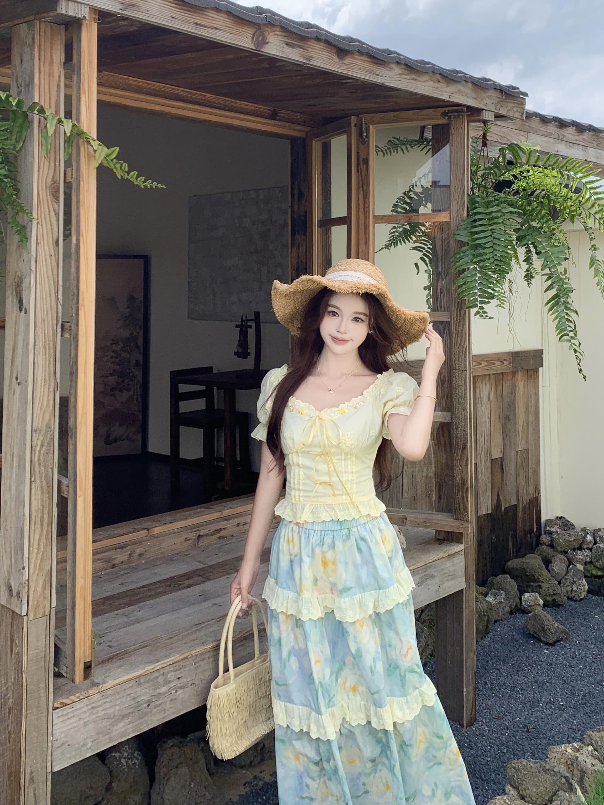실사 빅 사이즈 얕은 여름 아침 바람 도파민 휴가 바람 자수 반팔 허리 수축 맨위 프린트 반신 치마 세트 상세 이미지 10