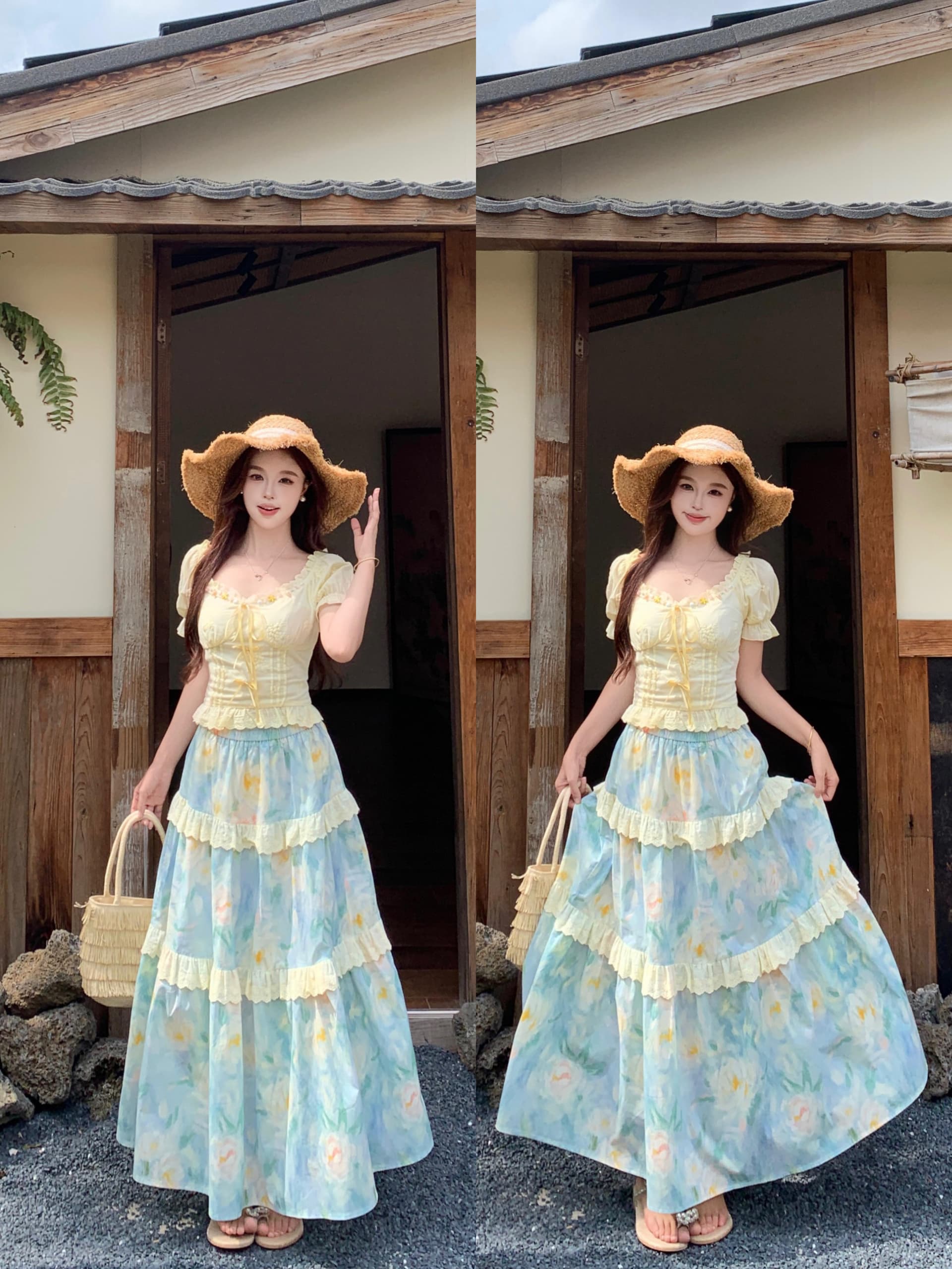 실사 빅 사이즈 얕은 여름 아침 바람 도파민 휴가 바람 자수 반팔 허리 수축 맨위 프린트 반신 치마 세트 상세 이미지 17