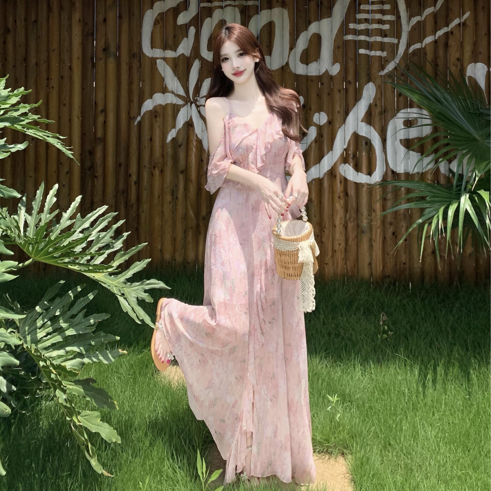 실사 빅 사이즈 차 휴식 프랑스식 쉬폰 여성 드레스 여름 부드러운 휴가 바람 허리 수축 핑크색 꽃무늬 롱 스커트 이미지 5