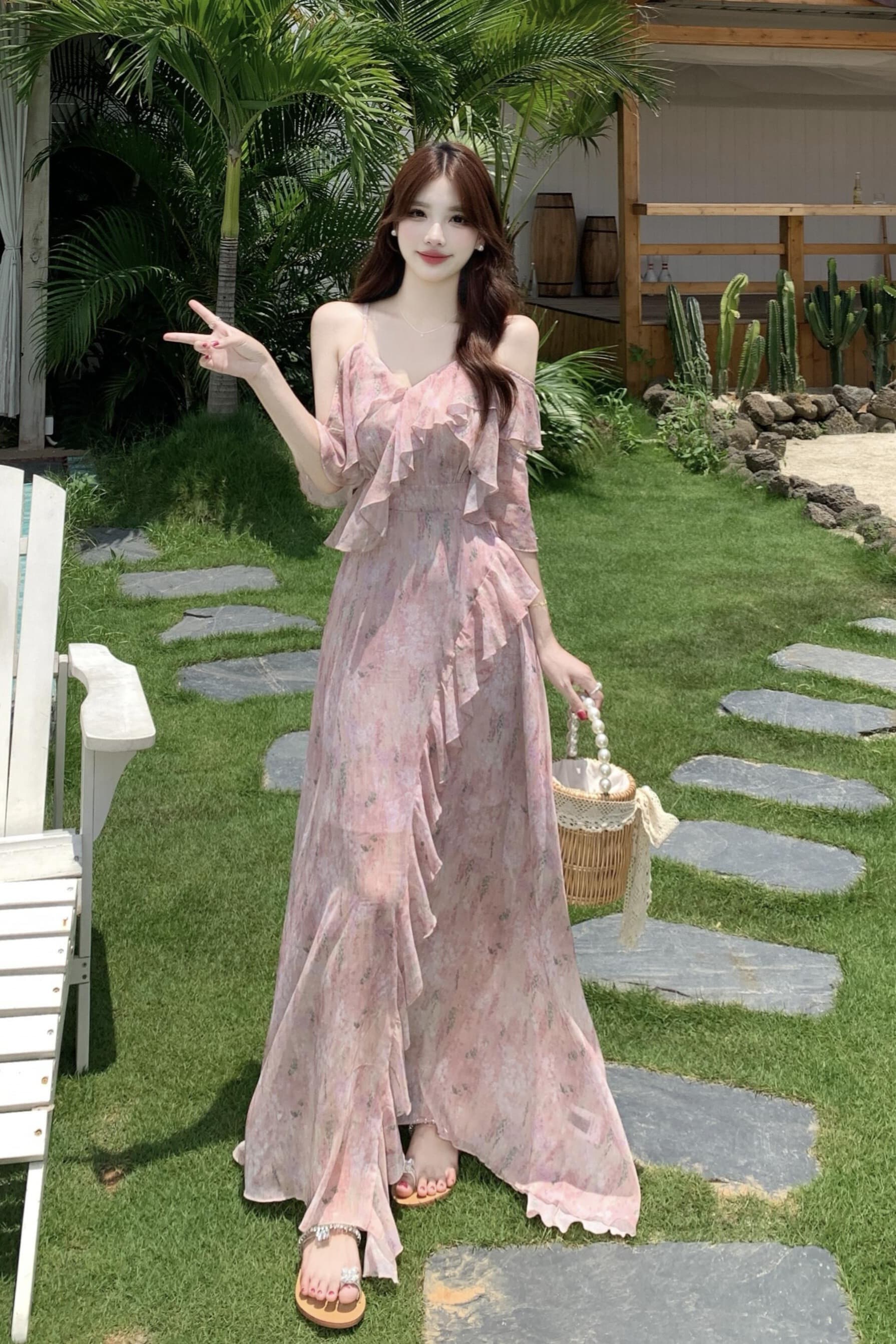 실사 빅 사이즈 차 휴식 프랑스식 쉬폰 여성 드레스 여름 부드러운 휴가 바람 허리 수축 핑크색 꽃무늬 롱 스커트 이미지 6