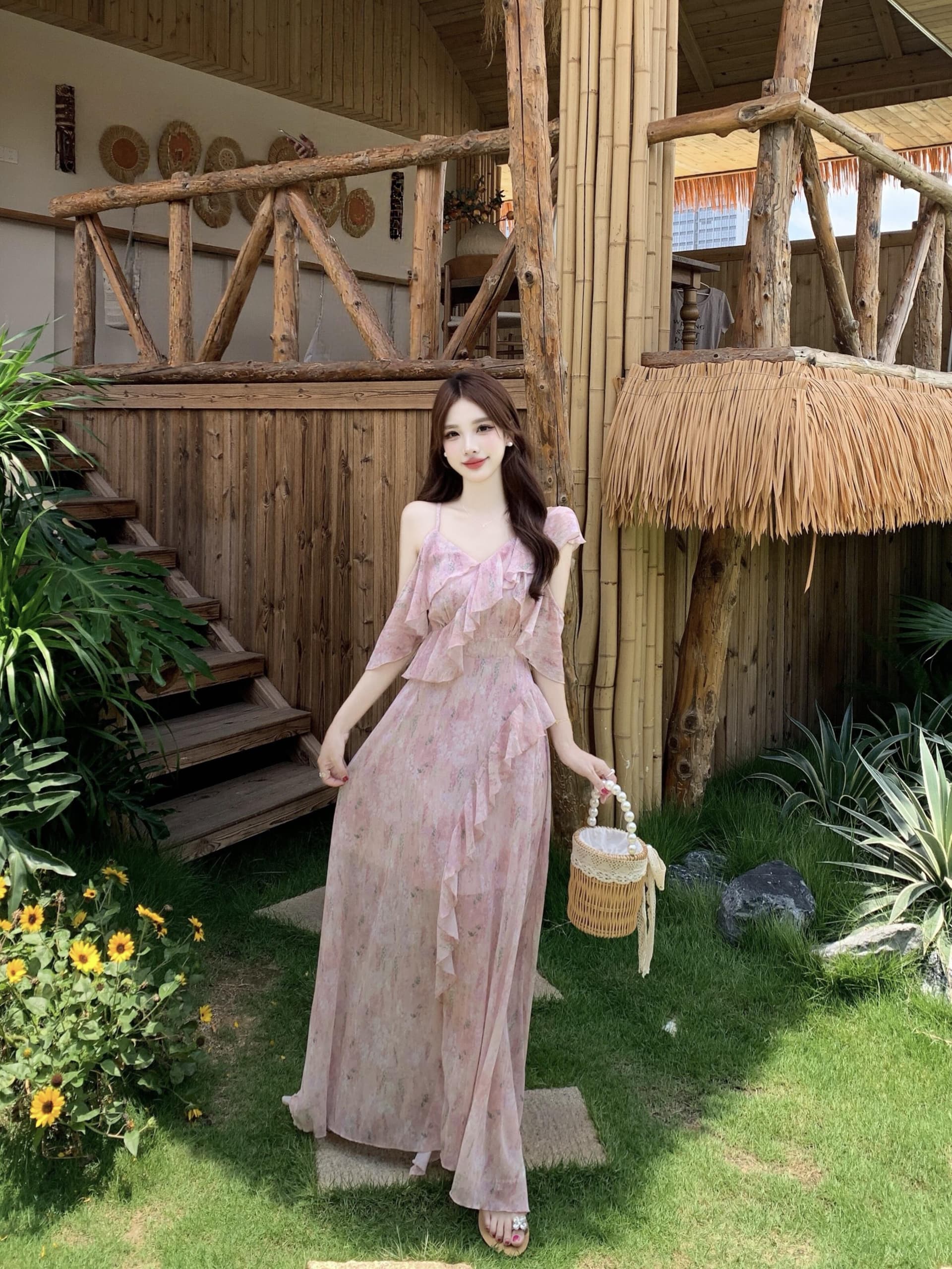 실사 빅 사이즈 차 휴식 프랑스식 쉬폰 여성 드레스 여름 부드러운 휴가 바람 허리 수축 핑크색 꽃무늬 롱 스커트 상세 이미지 1