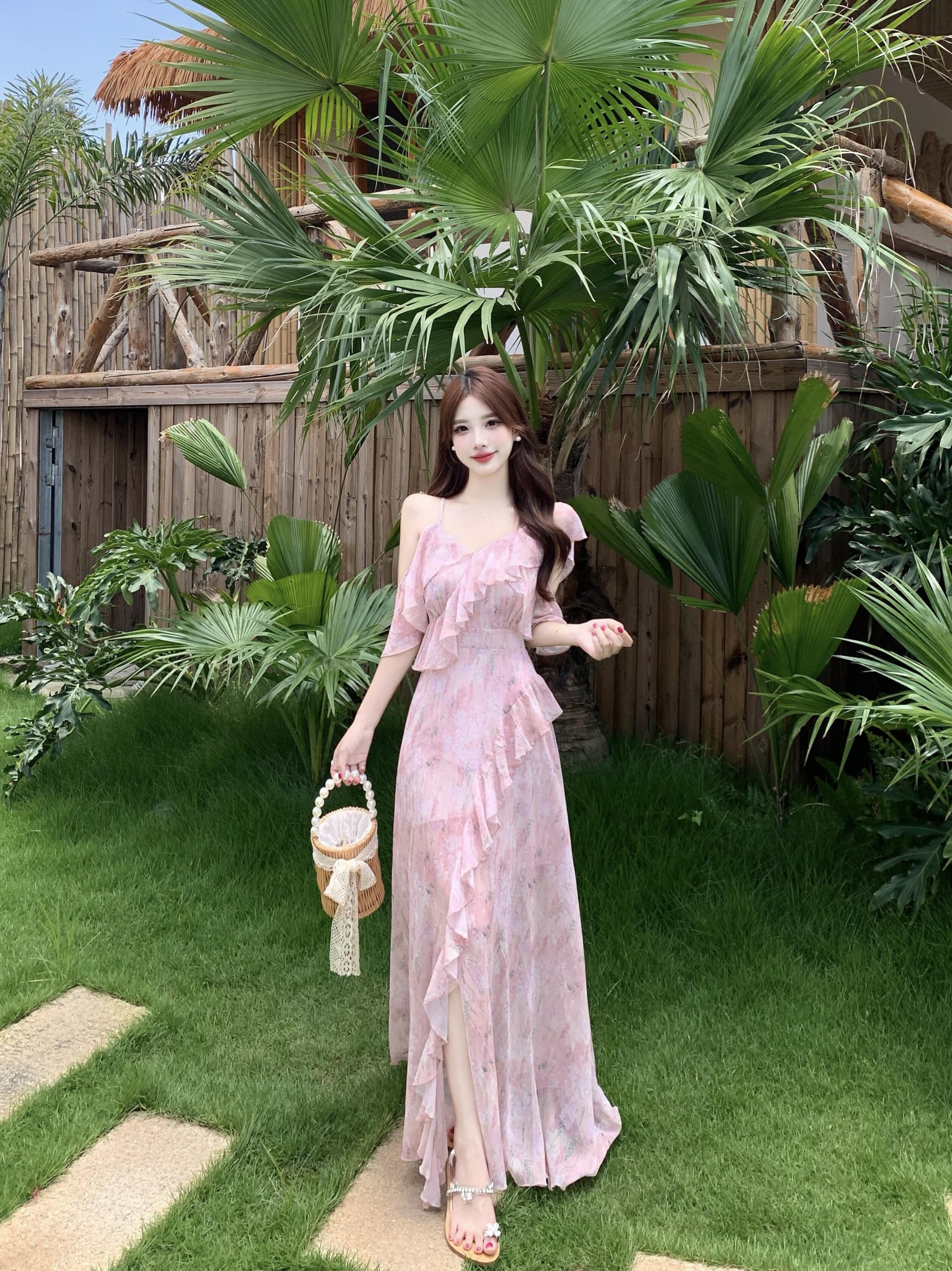 실사 빅 사이즈 차 휴식 프랑스식 쉬폰 여성 드레스 여름 부드러운 휴가 바람 허리 수축 핑크색 꽃무늬 롱 스커트 상세 이미지 2
