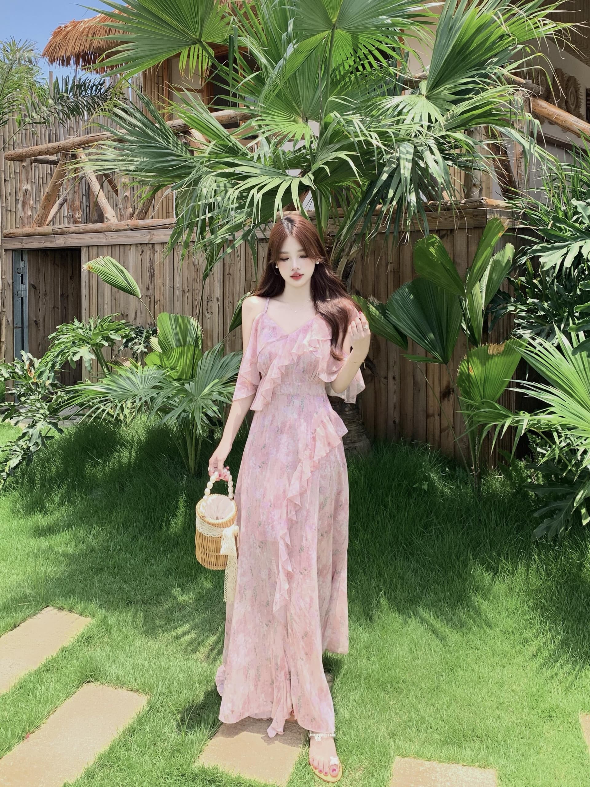 실사 빅 사이즈 차 휴식 프랑스식 쉬폰 여성 드레스 여름 부드러운 휴가 바람 허리 수축 핑크색 꽃무늬 롱 스커트 상세 이미지 3