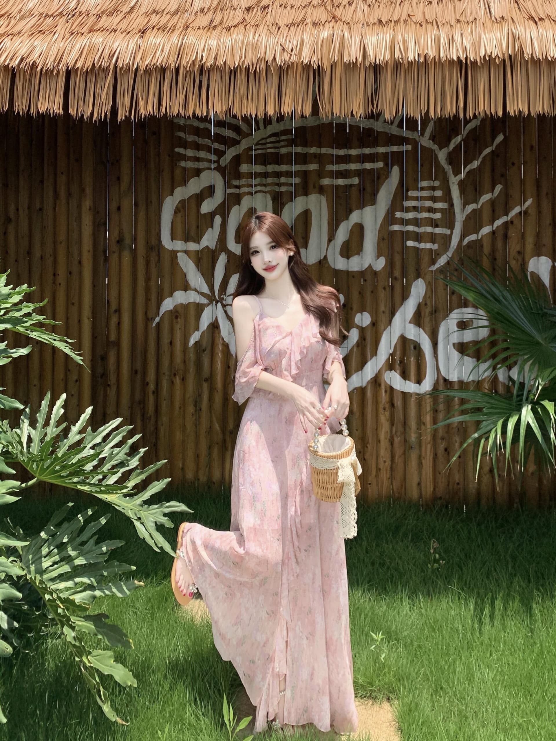 실사 빅 사이즈 차 휴식 프랑스식 쉬폰 여성 드레스 여름 부드러운 휴가 바람 허리 수축 핑크색 꽃무늬 롱 스커트 상세 이미지 4