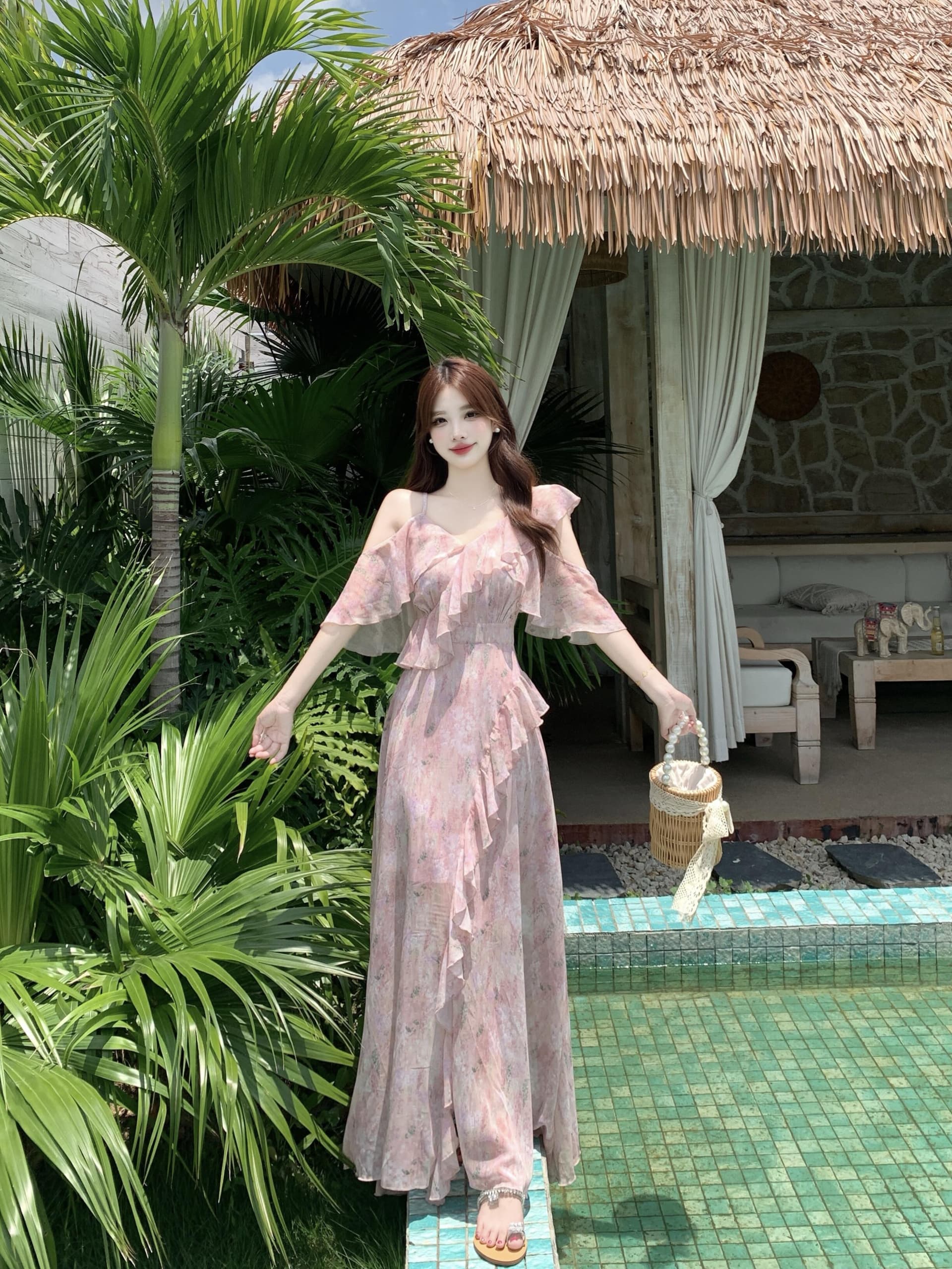 실사 빅 사이즈 차 휴식 프랑스식 쉬폰 여성 드레스 여름 부드러운 휴가 바람 허리 수축 핑크색 꽃무늬 롱 스커트 상세 이미지 7
