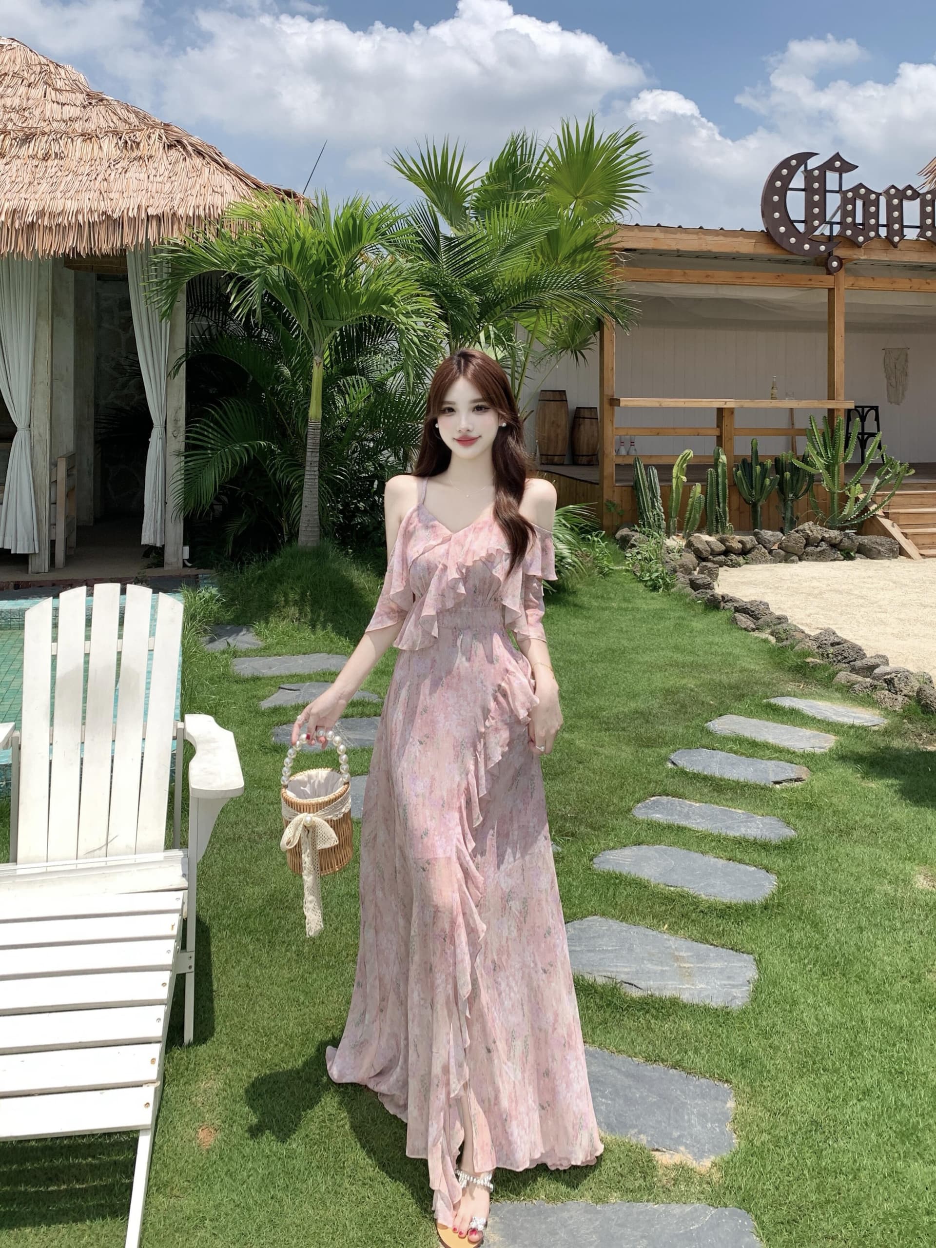 실사 빅 사이즈 차 휴식 프랑스식 쉬폰 여성 드레스 여름 부드러운 휴가 바람 허리 수축 핑크색 꽃무늬 롱 스커트 상세 이미지 8