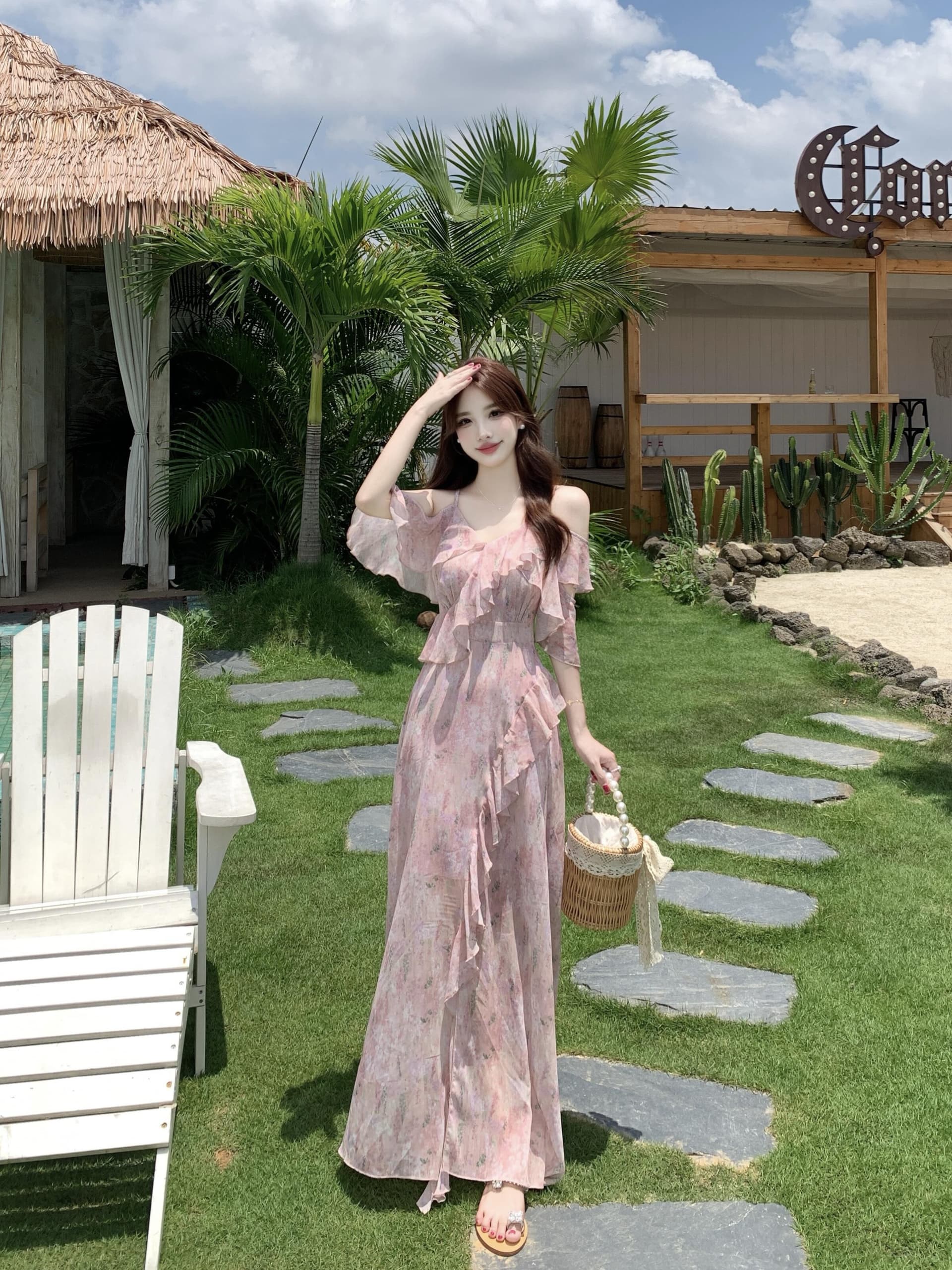 실사 빅 사이즈 차 휴식 프랑스식 쉬폰 여성 드레스 여름 부드러운 휴가 바람 허리 수축 핑크색 꽃무늬 롱 스커트 상세 이미지 9