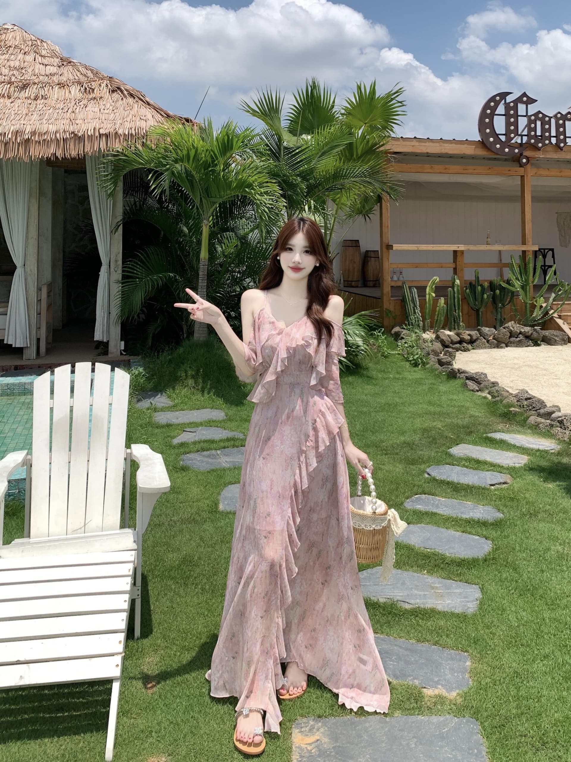 실사 빅 사이즈 차 휴식 프랑스식 쉬폰 여성 드레스 여름 부드러운 휴가 바람 허리 수축 핑크색 꽃무늬 롱 스커트 상세 이미지 10