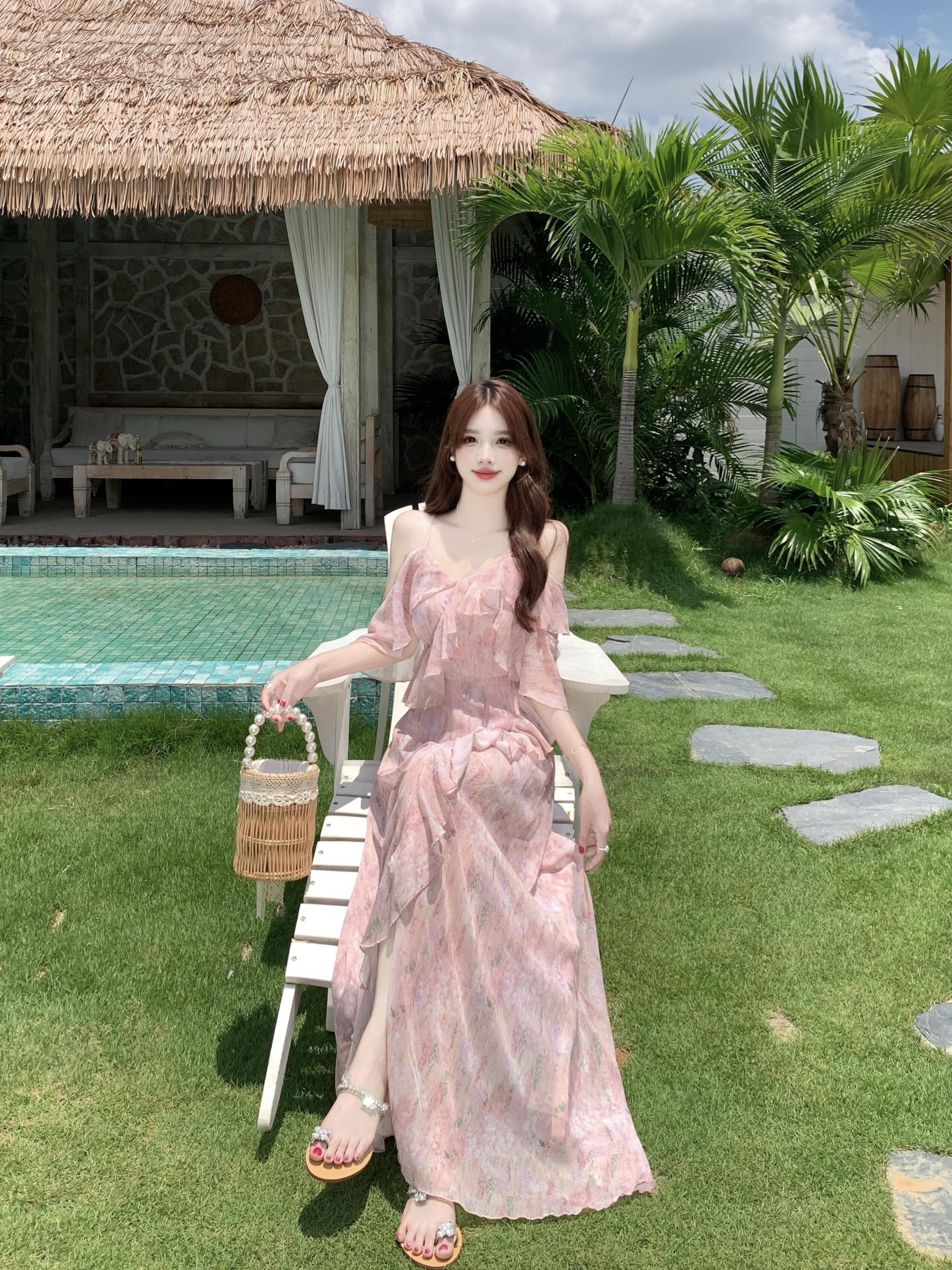 실사 빅 사이즈 차 휴식 프랑스식 쉬폰 여성 드레스 여름 부드러운 휴가 바람 허리 수축 핑크색 꽃무늬 롱 스커트 상세 이미지 11