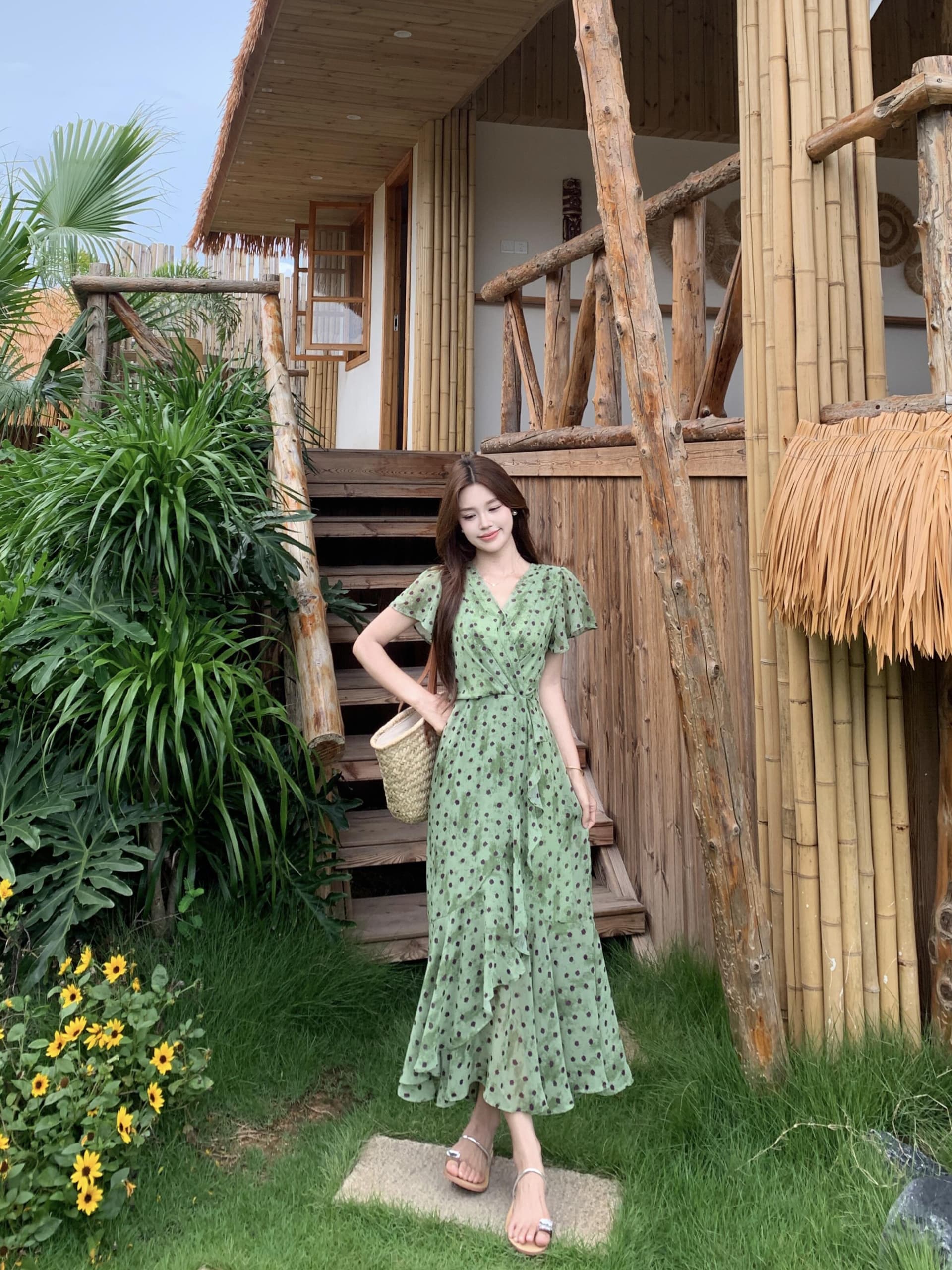 실사 빅 사이즈 여름 새로운 닦아내 라. 차 도트 무늬 프랑스식 레트로 허리 수축 하이웨이스트 프릴 드레스 이미지 3