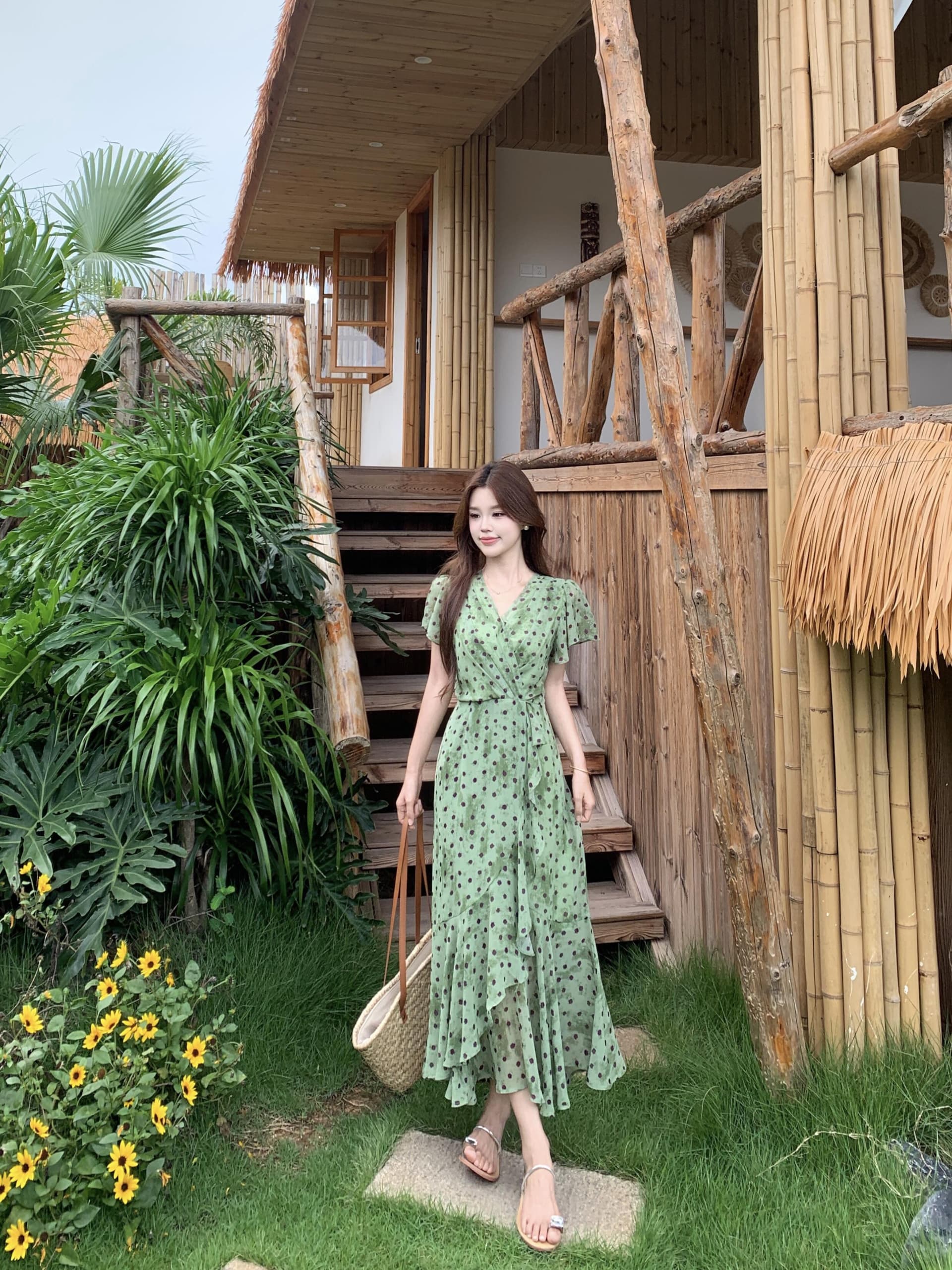실사 빅 사이즈 여름 새로운 닦아내 라. 차 도트 무늬 프랑스식 레트로 허리 수축 하이웨이스트 프릴 드레스 상세 이미지 15