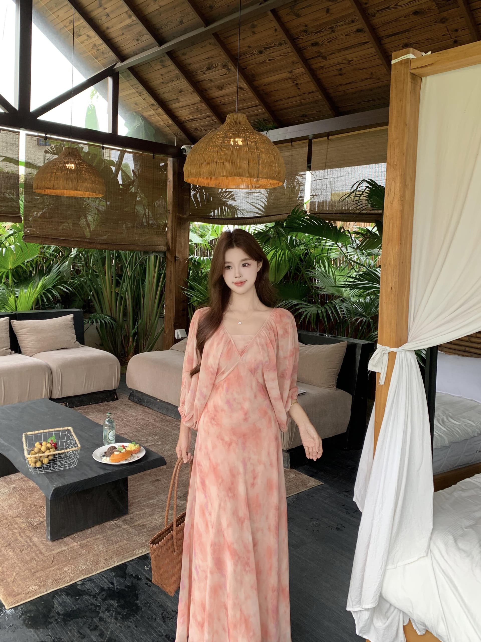 실사 빅 사이즈 꽃무늬 쉬폰 여성 드레스 하이웨이스트 5 점 소매 휴가 차가운 센스 도루 센스 길다 치마 상세 이미지 7