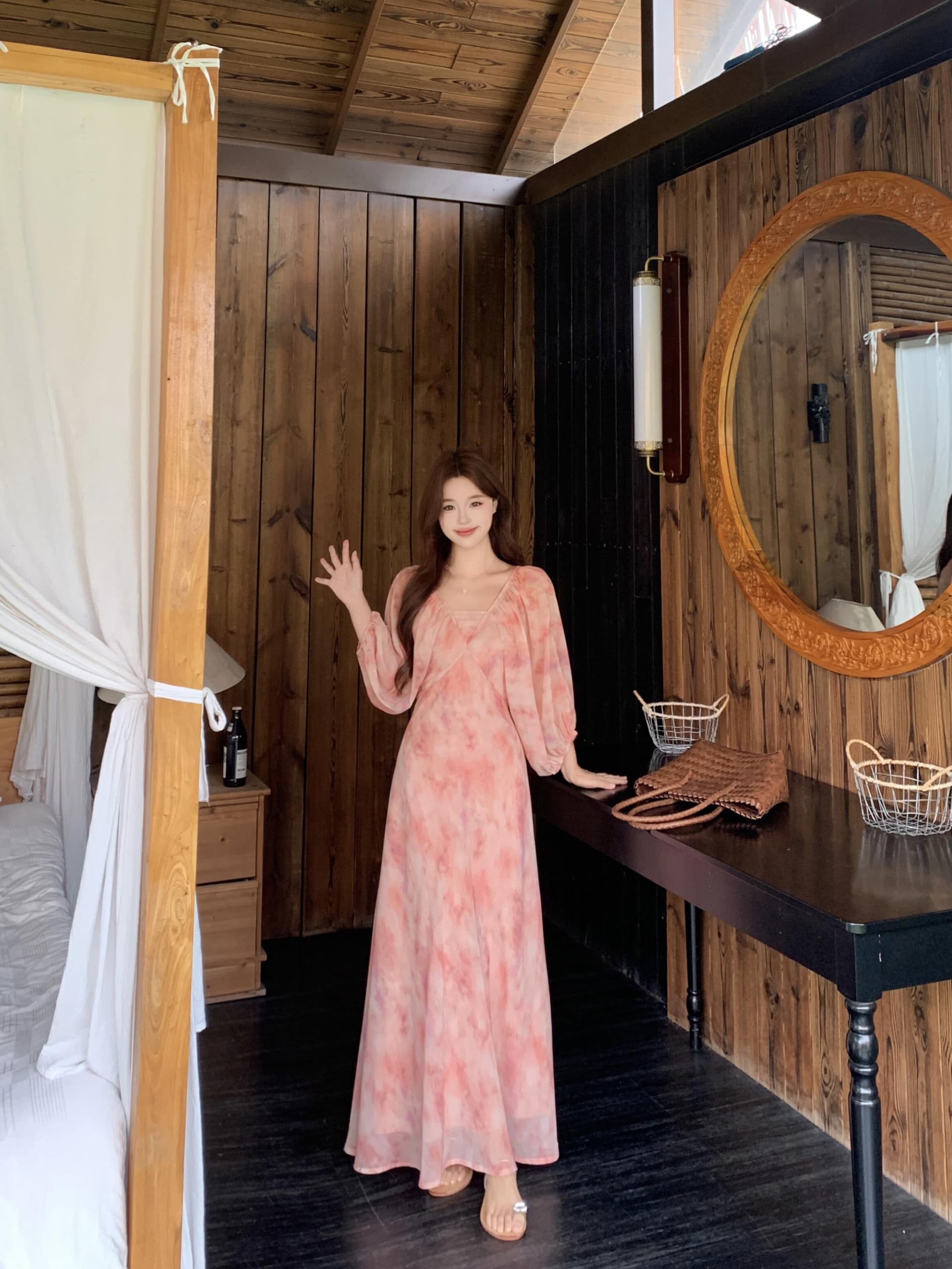 실사 빅 사이즈 꽃무늬 쉬폰 여성 드레스 하이웨이스트 5 점 소매 휴가 차가운 센스 도루 센스 길다 치마 상세 이미지 12