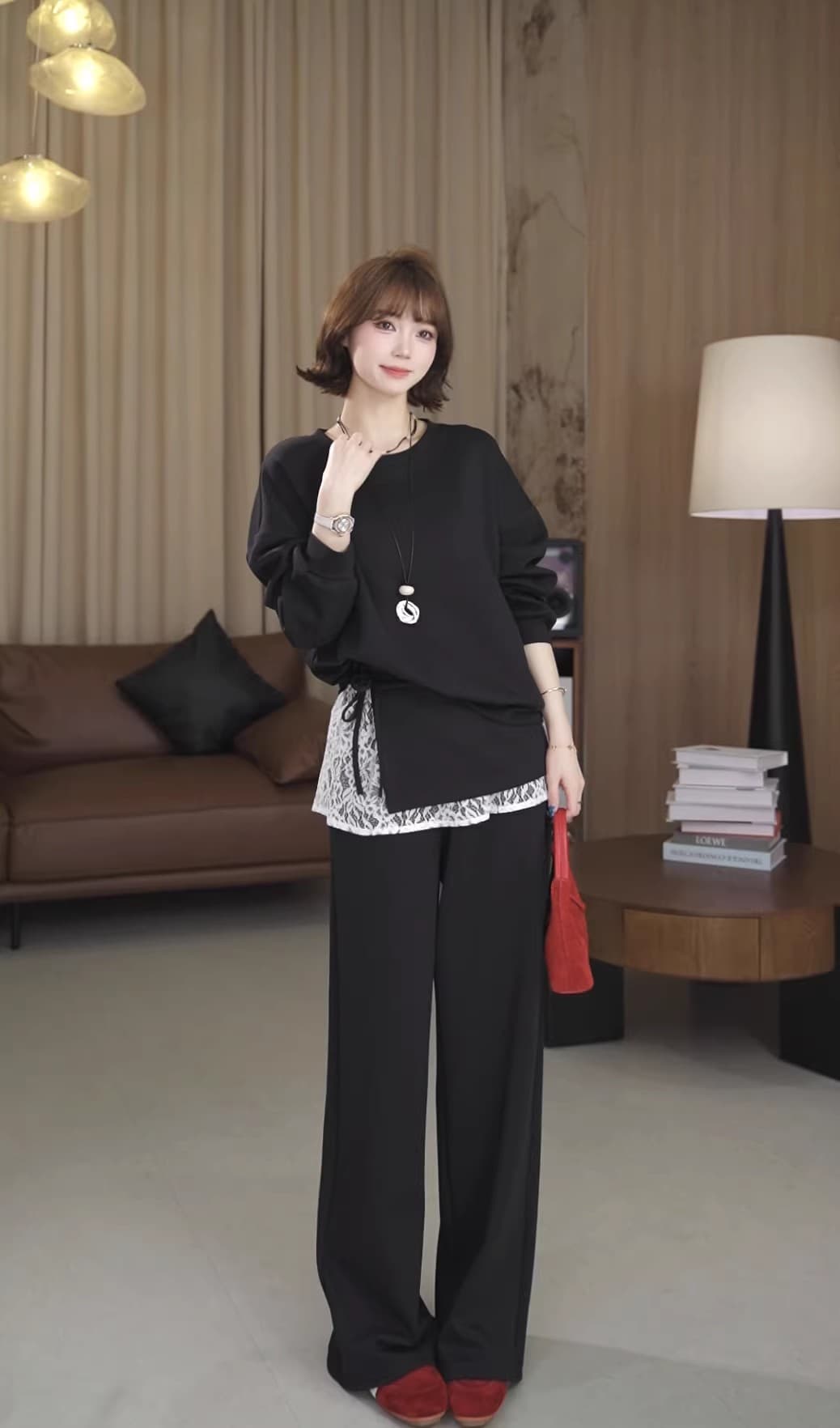 한 부서 캐주얼 세트 봄 느긋한 바람 루즈핏 다용도 라운드 넥 후드티 가져 가라. 레이스 랩스커트팬츠 와이드 레그 팬츠 3종 세트 이미지 2
