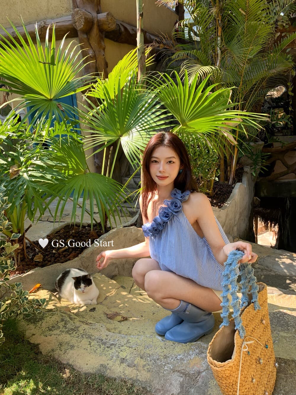 gs 있으라. 추적 묻기 봄 여름 프랑스식 낭만주의 3 차원 꽃 비스듬한 어깨 휴가 바람 스트라이프 작은 셔츠 이미지 4
