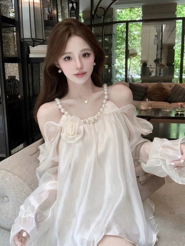 진주 행침 목 오프숄더 요정 아름다운 슈퍼 잘 생긴 2026 프랑스식 레트로 디자인 센스 쉬폰 블라우스 루즈핏 셔츠 트렌디 상세 이미지 2