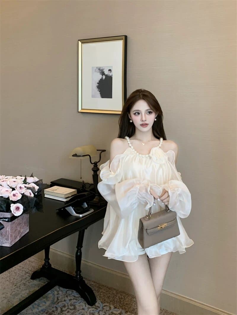 진주 행침 목 오프숄더 요정 아름다운 슈퍼 잘 생긴 2026 프랑스식 레트로 디자인 센스 쉬폰 블라우스 루즈핏 셔츠 트렌디 상세 이미지 5
