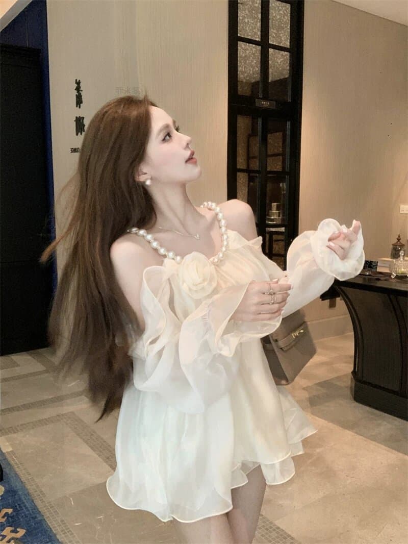 진주 행침 목 오프숄더 요정 아름다운 슈퍼 잘 생긴 2026 프랑스식 레트로 디자인 센스 쉬폰 블라우스 루즈핏 셔츠 트렌디 상세 이미지 7