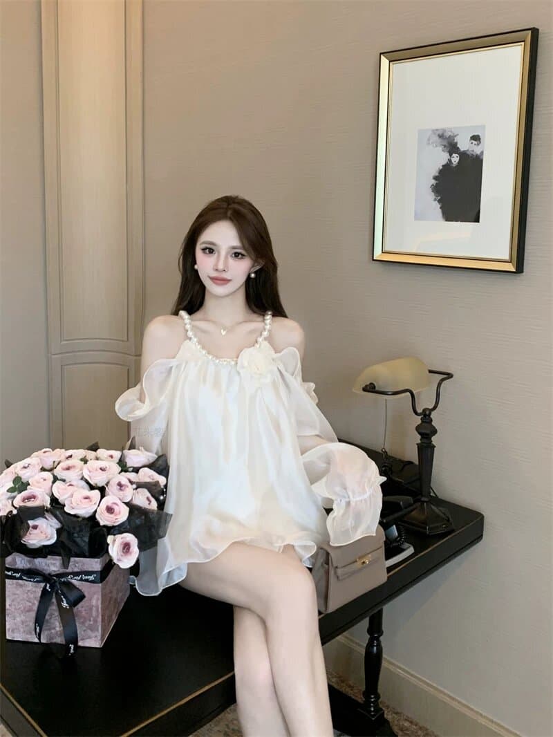 진주 행침 목 오프숄더 요정 아름다운 슈퍼 잘 생긴 2026 프랑스식 레트로 디자인 센스 쉬폰 블라우스 루즈핏 셔츠 트렌디 상세 이미지 15
